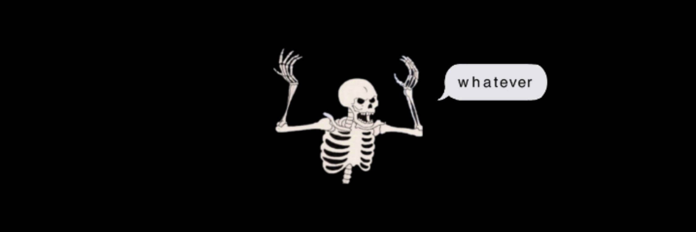 angry skeleton, white line-art skeleton, speech bubble saying 'whatever', Full HD Desktop Wallpaper
