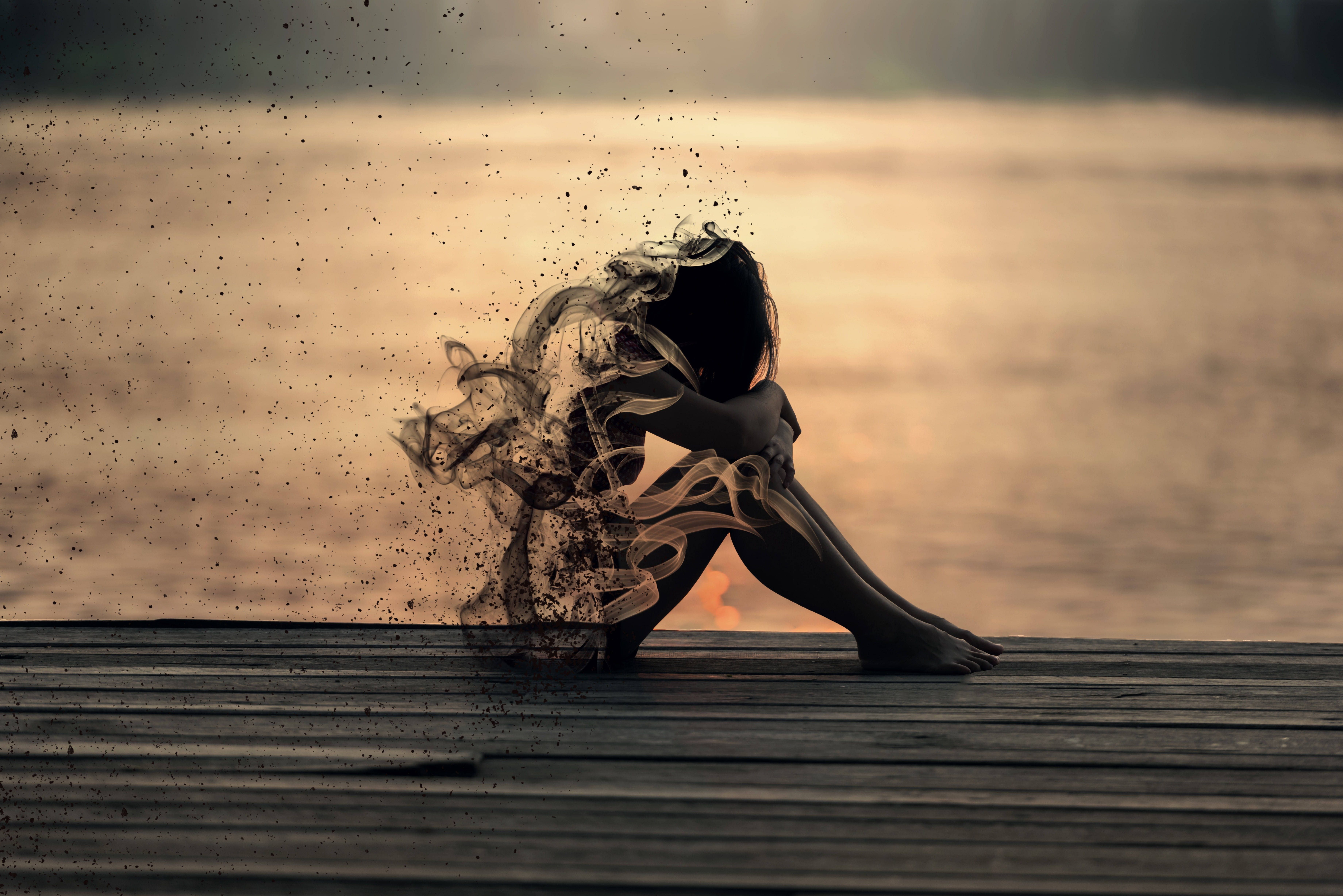 melancholy black smoke, sunset, wooden dock, 5K Desktop Wallpaper
