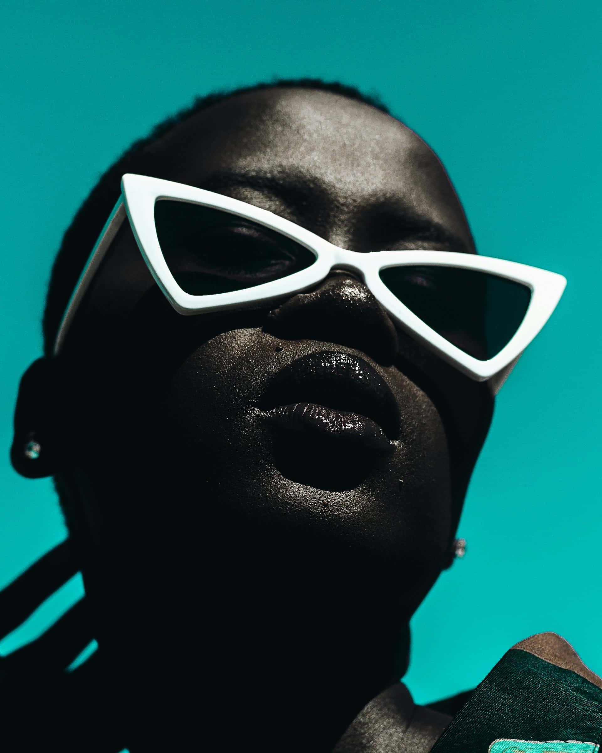 bold white cat-eye sunglasses, vibrant teal background, close-up portrait, Full HD Phone Wallpaper