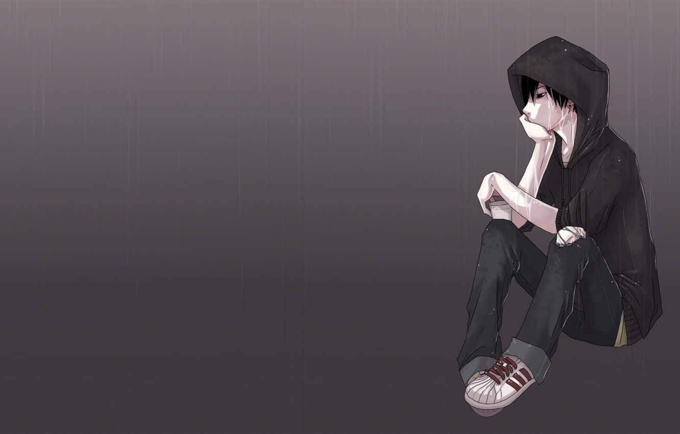 anime teen, black hoodie, gray rain, HD Desktop Wallpaper