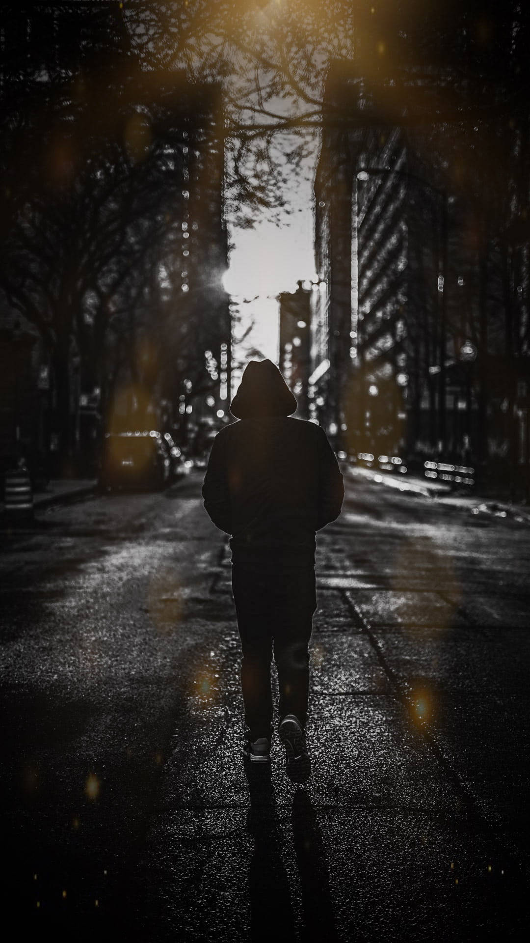 hooded figure, wet city street, night, Full HD Phone Wallpaper