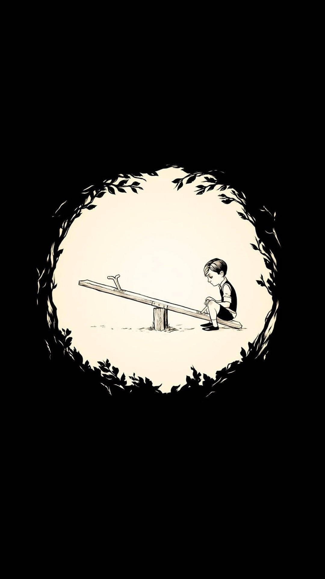 Sad Boy Cartoon, seesaw, circular wreath of leaves, Full HD Phone Wallpaper