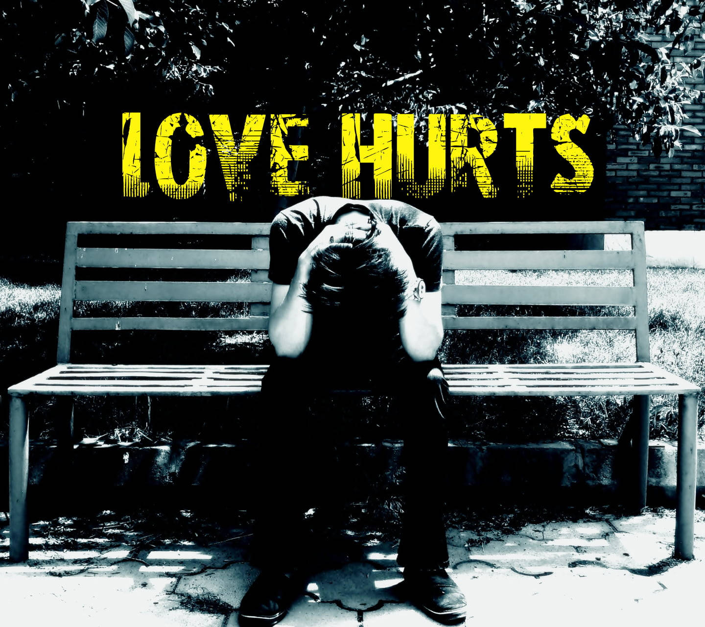 bench, yellow, LOVE HURTS, HD Desktop Wallpaper
