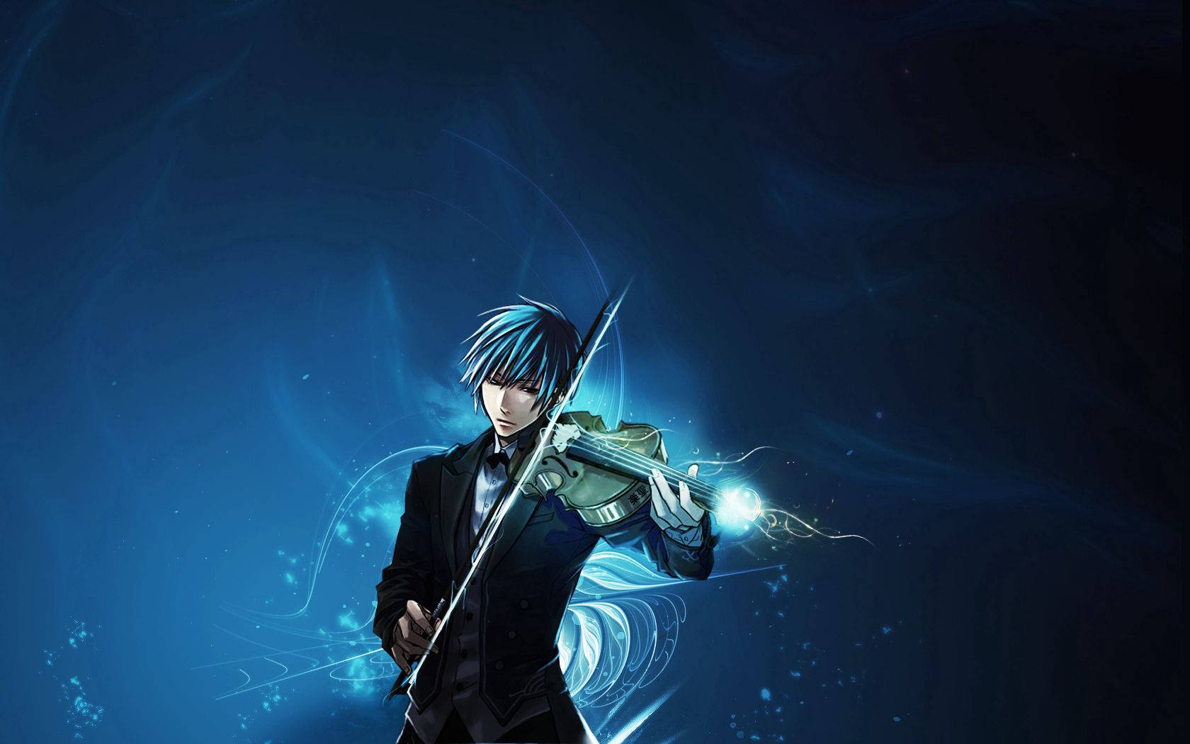 A blue-haired anime boy in a suit plays a glowing violin against a swirling dark blue cosmic background., HD Desktop Wallpaper
