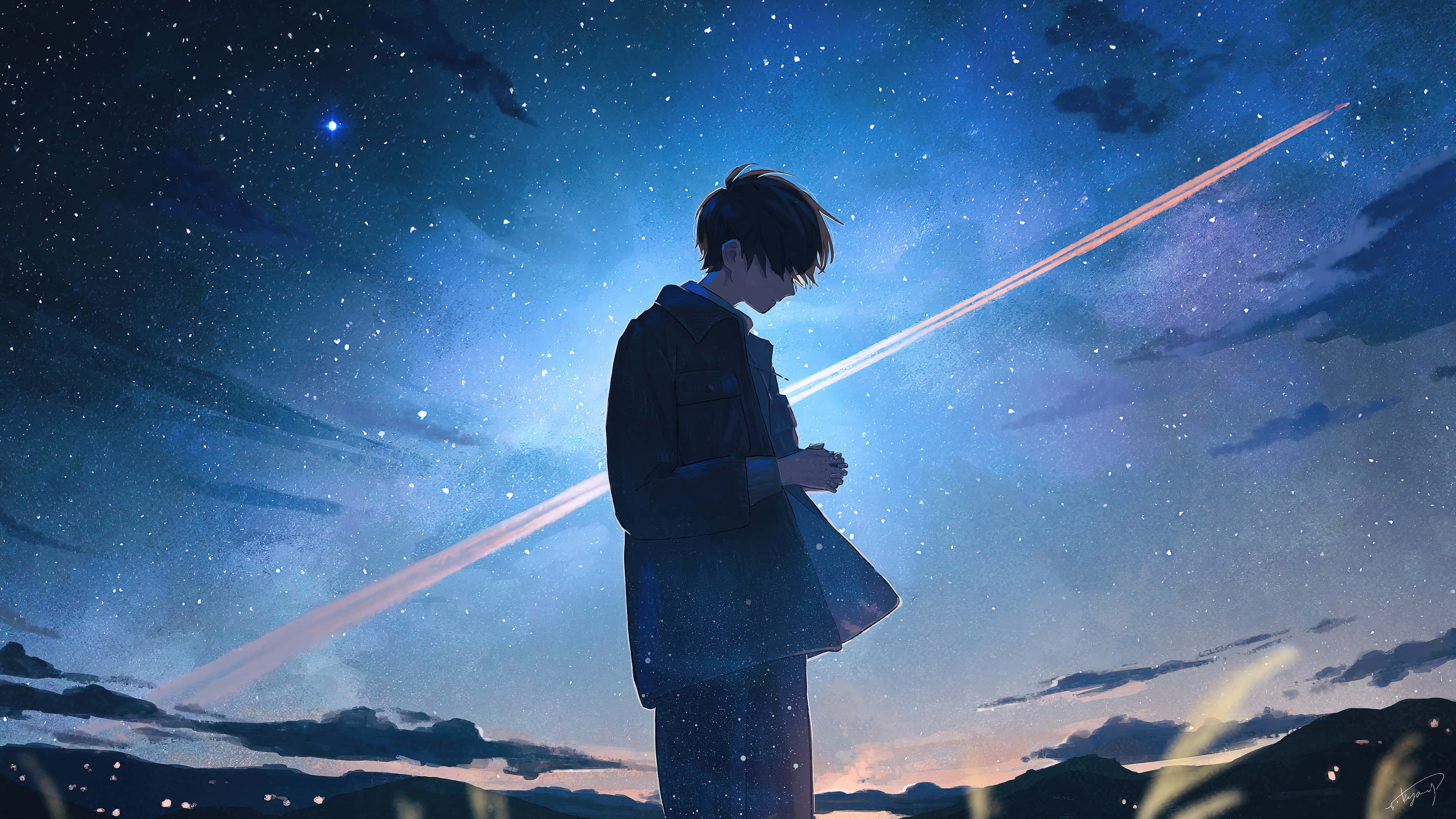 Cool Sad Boy Under The Stars, 4K Desktop Wallpaper