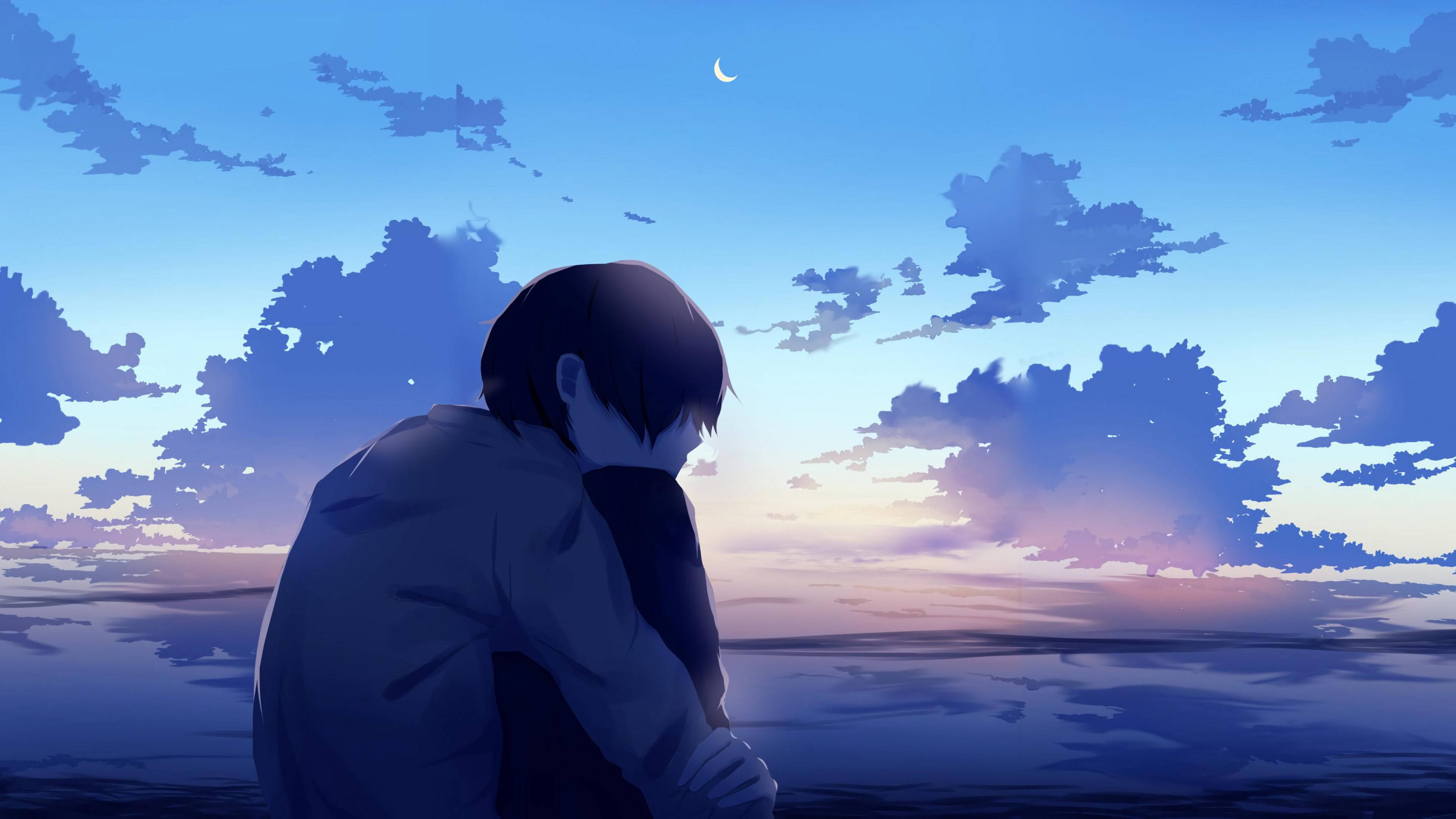 Sad Boy Near Cloudy Sky, 4K Desktop Wallpaper