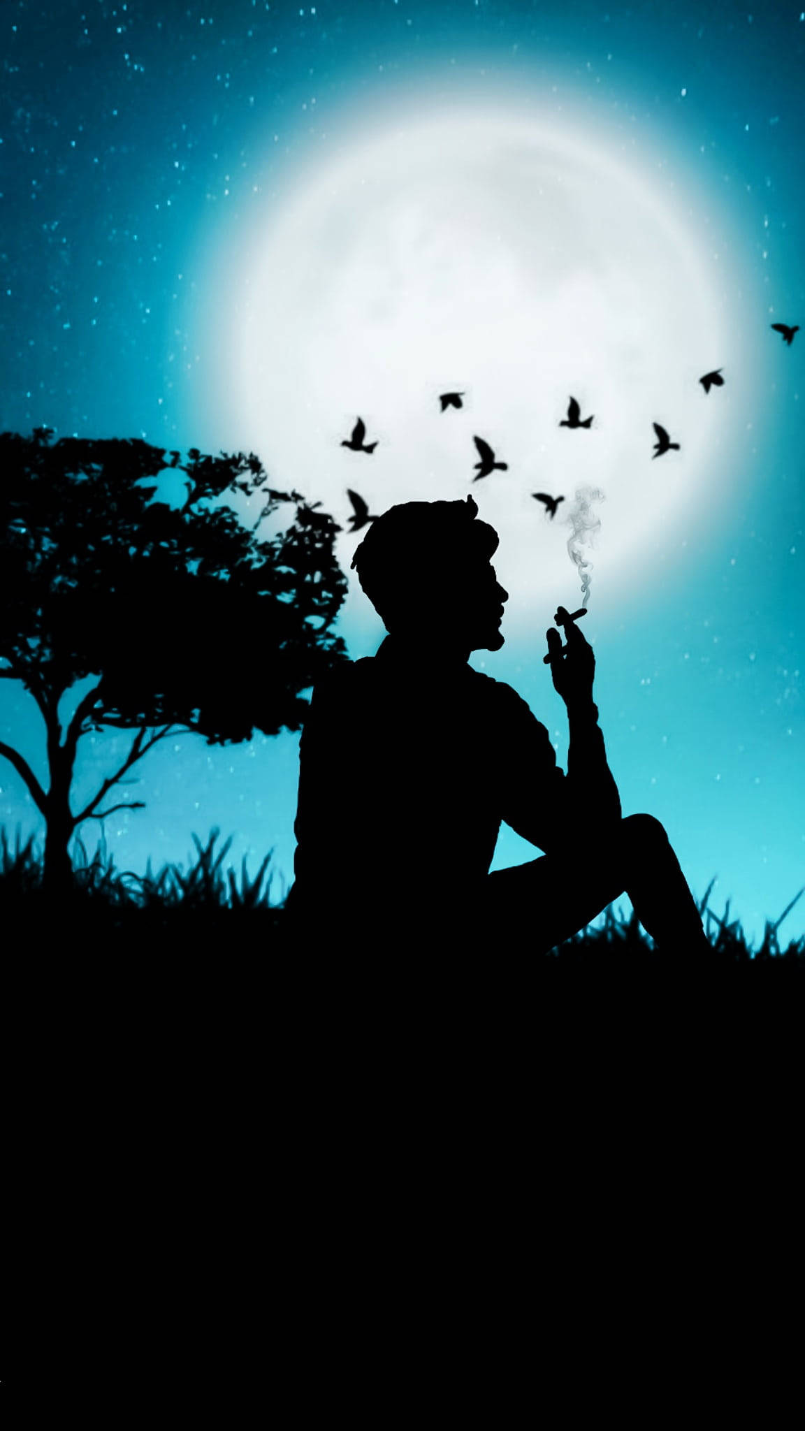 Silhouette of a person smoking under a giant moon with birds flying against a starry teal sky., Full HD Phone Wallpaper