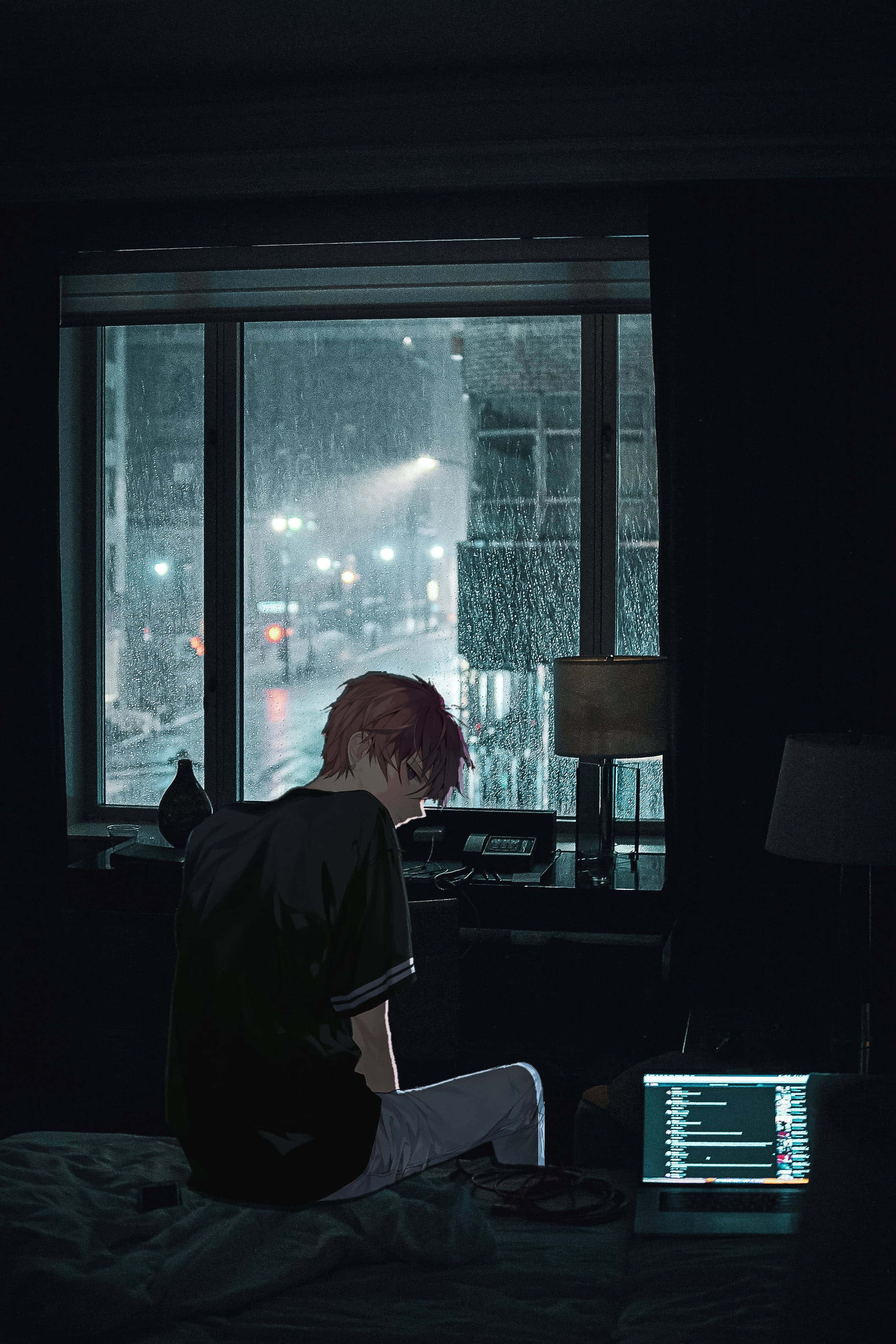 Caption: Reflective moments of a cool sad boy in his room., 2K Phone Wallpaper