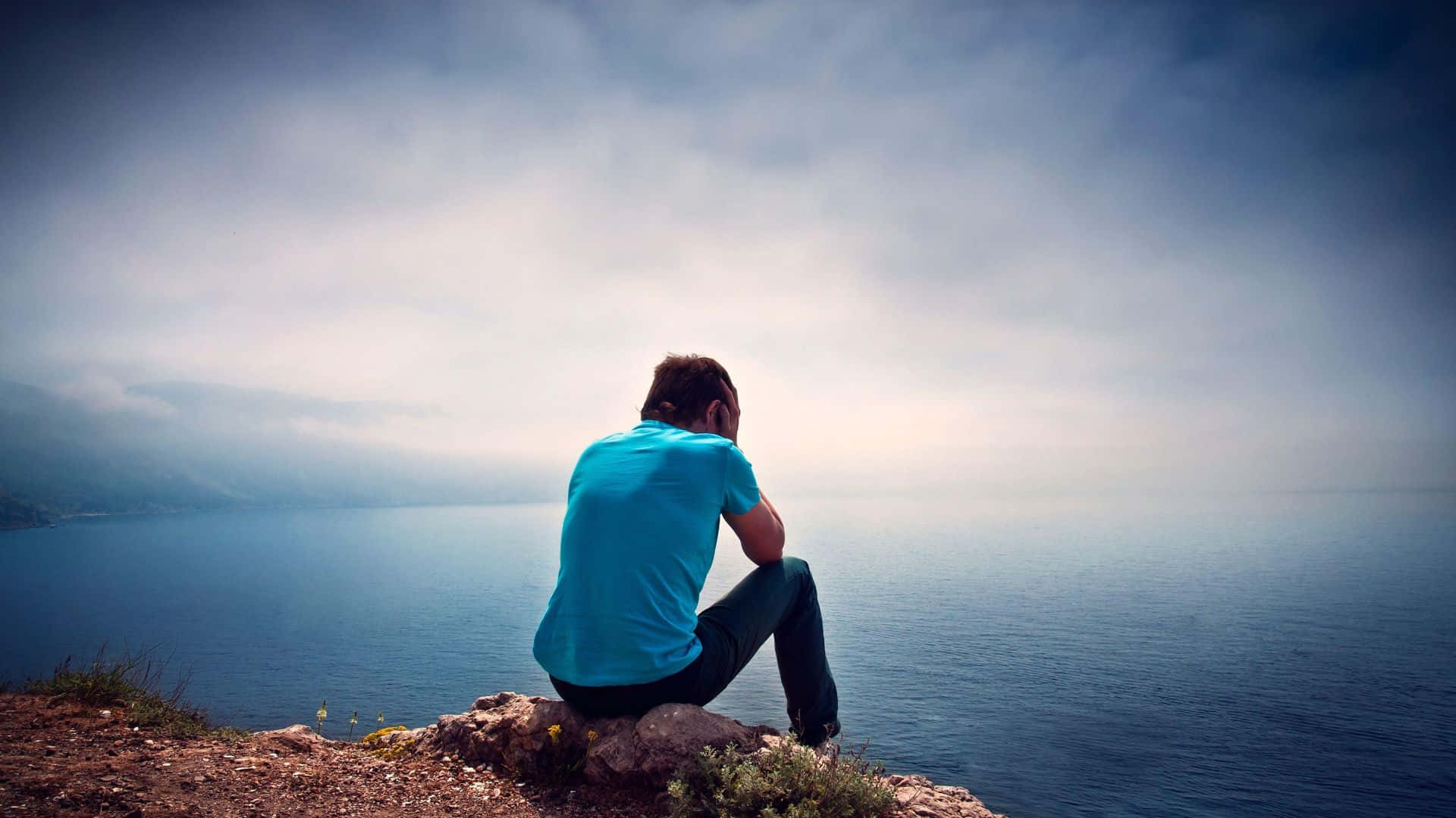 Cool Sad Boy Wearing Blue Shirt, Full HD Desktop Wallpaper