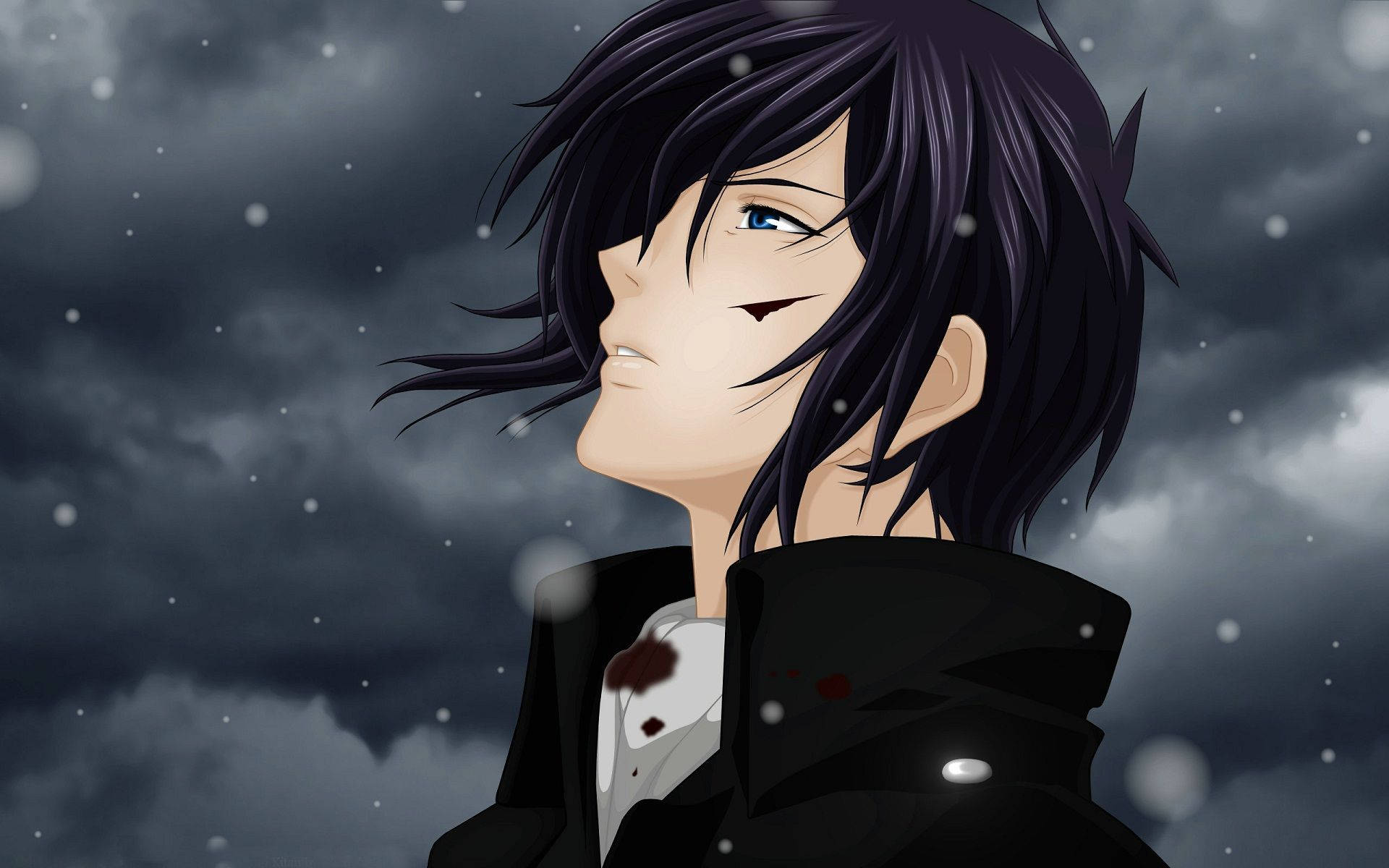 A melancholic anime character with dark hair and blue eyes gazes upward against a stormy gray sky with falling snowflakes., Full HD Desktop Wallpaper