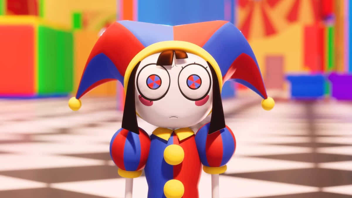 colorful jester character, wide eyes, sad expression, SD Desktop Wallpaper