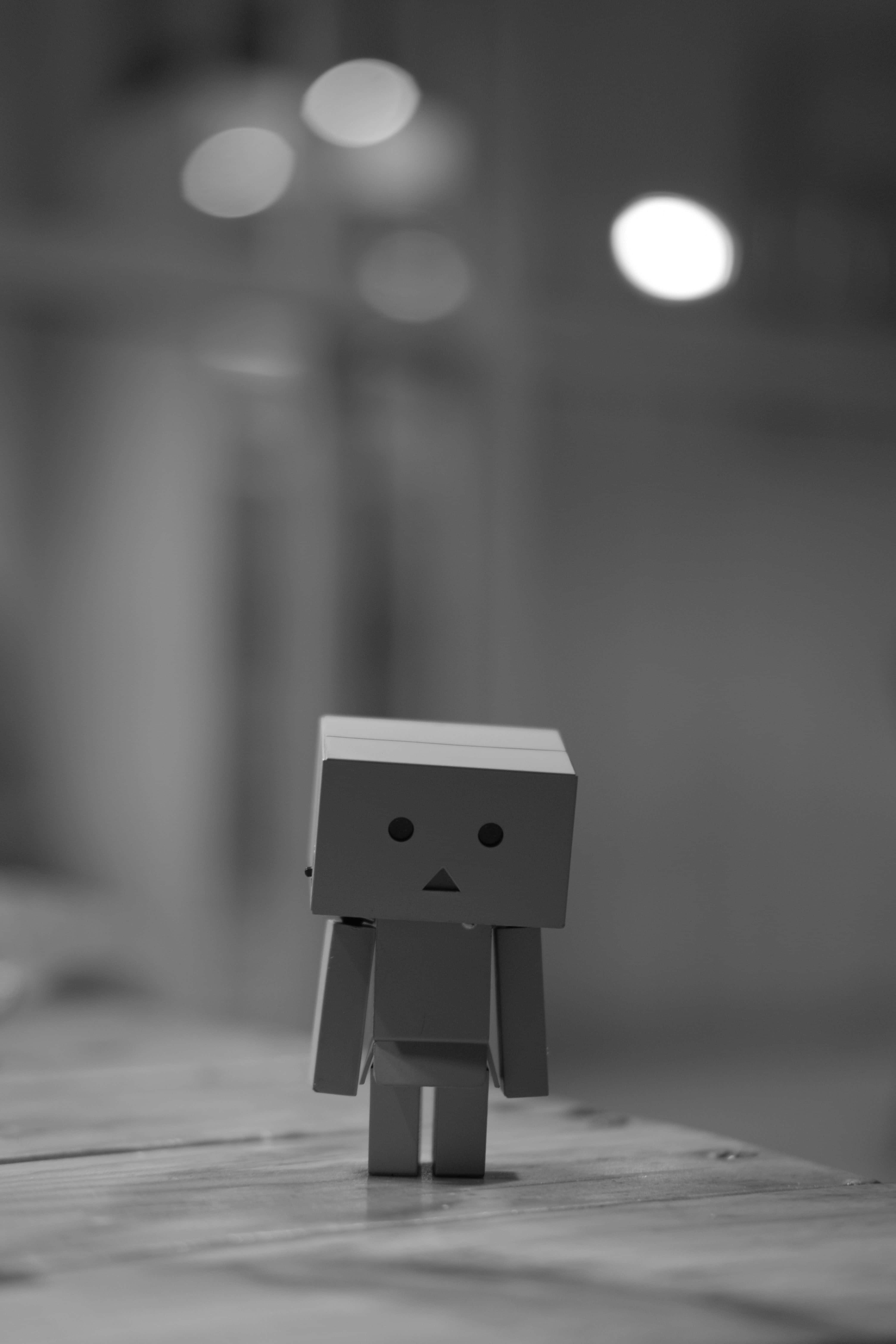 danbo, black and white, wooden surface, 5K Phone Wallpaper