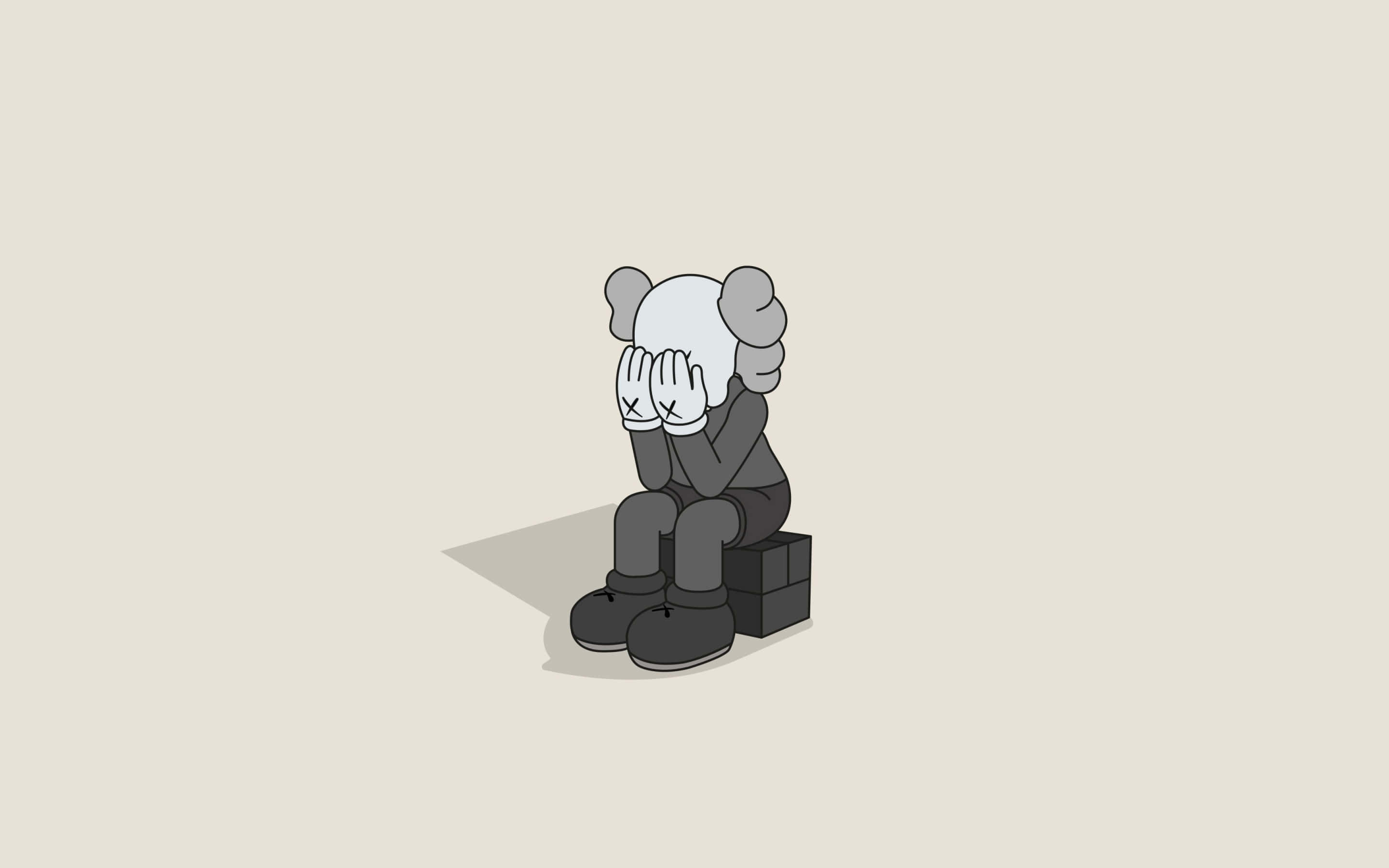 gray cartoon bear, block, hands marked with X's, 2K Desktop Wallpaper