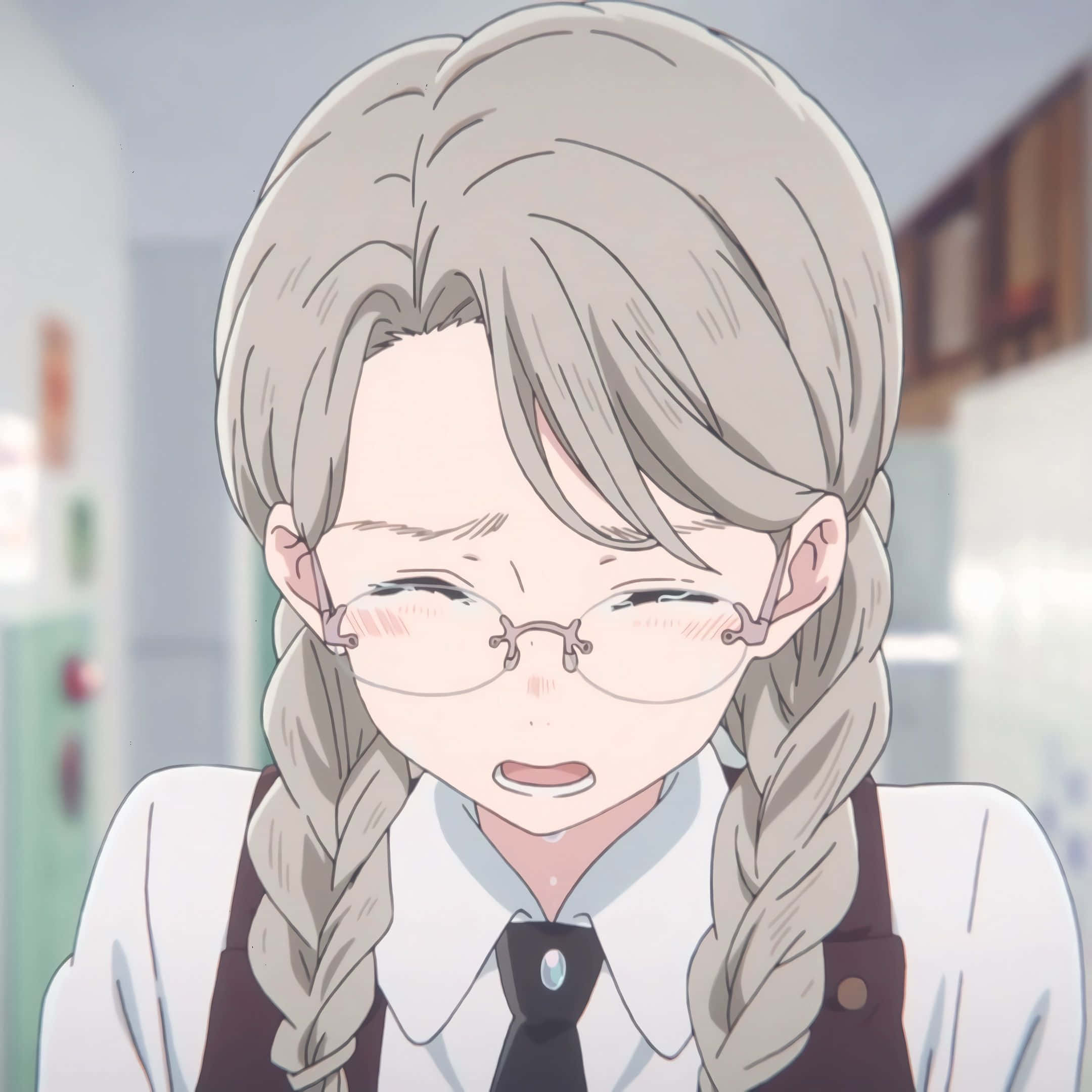 animated girl, gray braided hair, glasses, Full HD Desktop Wallpaper