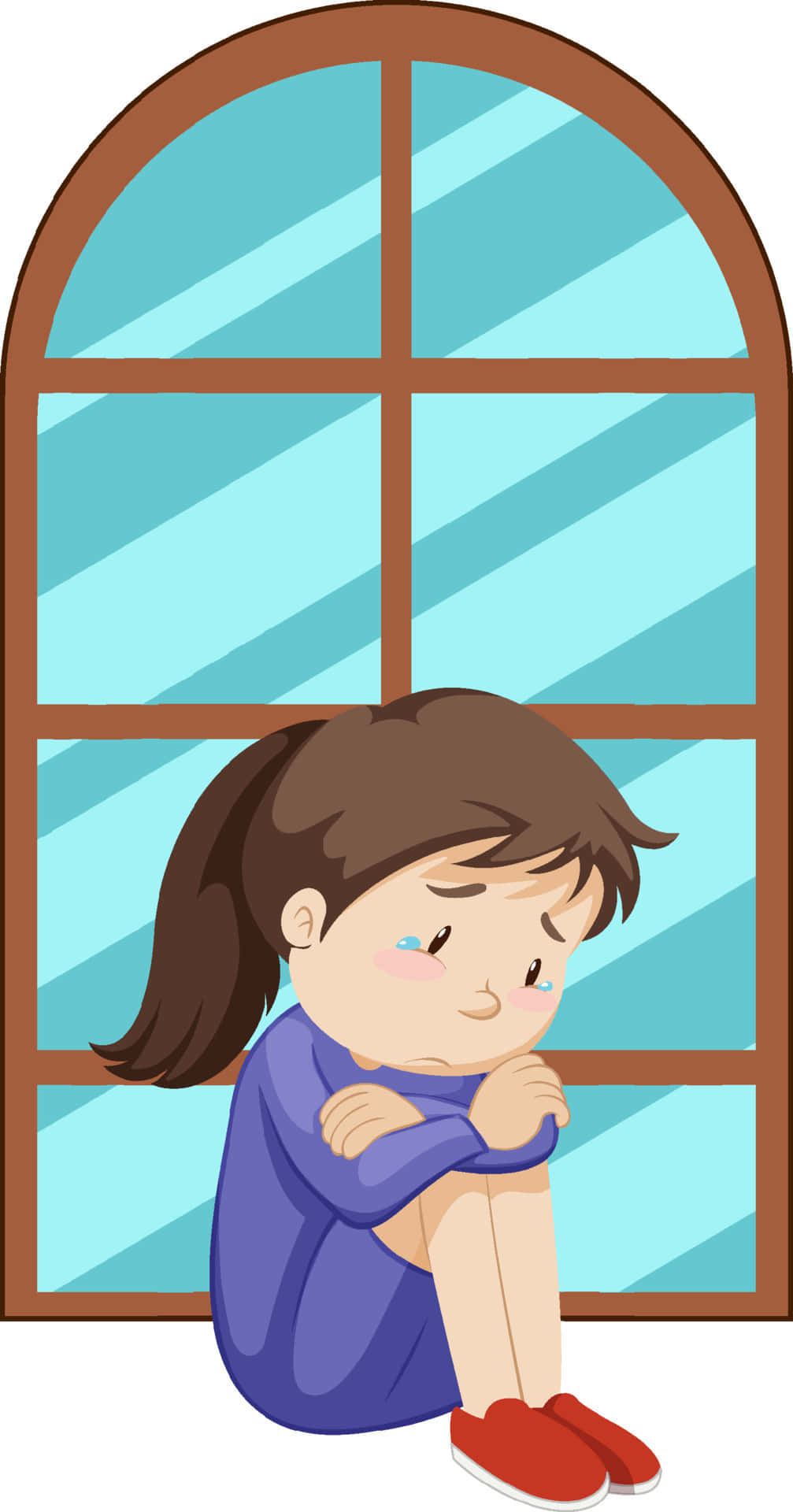 sad cartoon girl, blue dress, red shoes, Full HD Phone Wallpaper