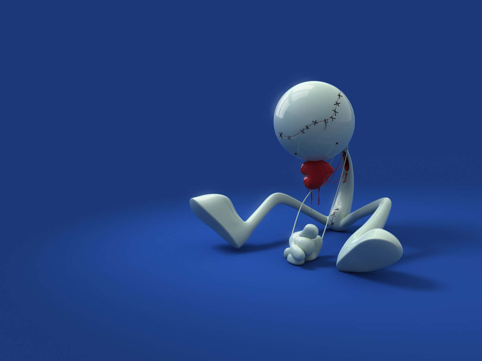 white stitched cartoon figure, blue floor, bleeding red heart, HD Desktop Wallpaper
