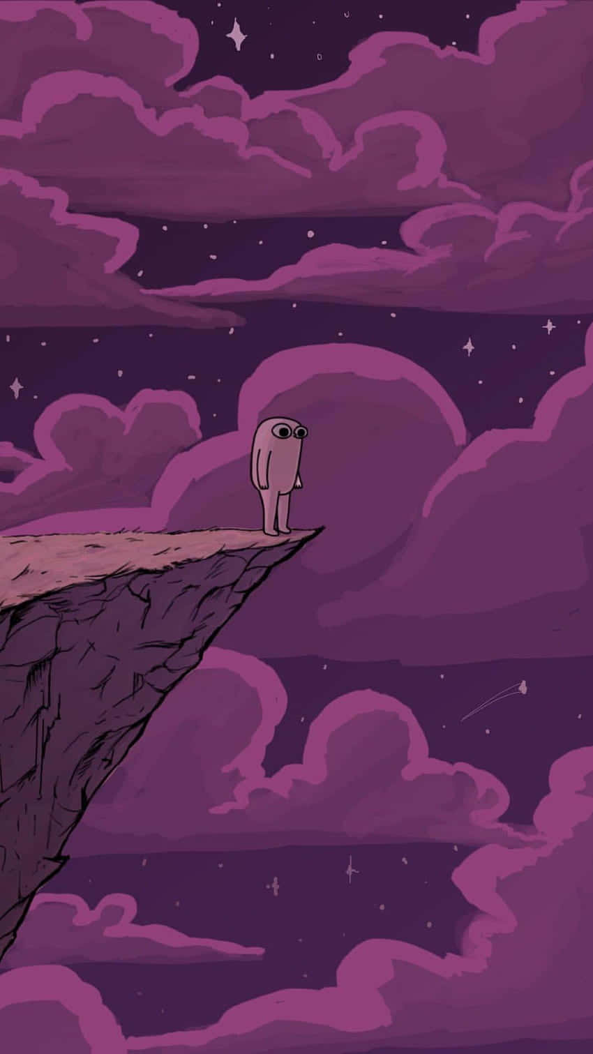 pink cartoon figure, cliff edge, starry purple sky, HD Phone Wallpaper
