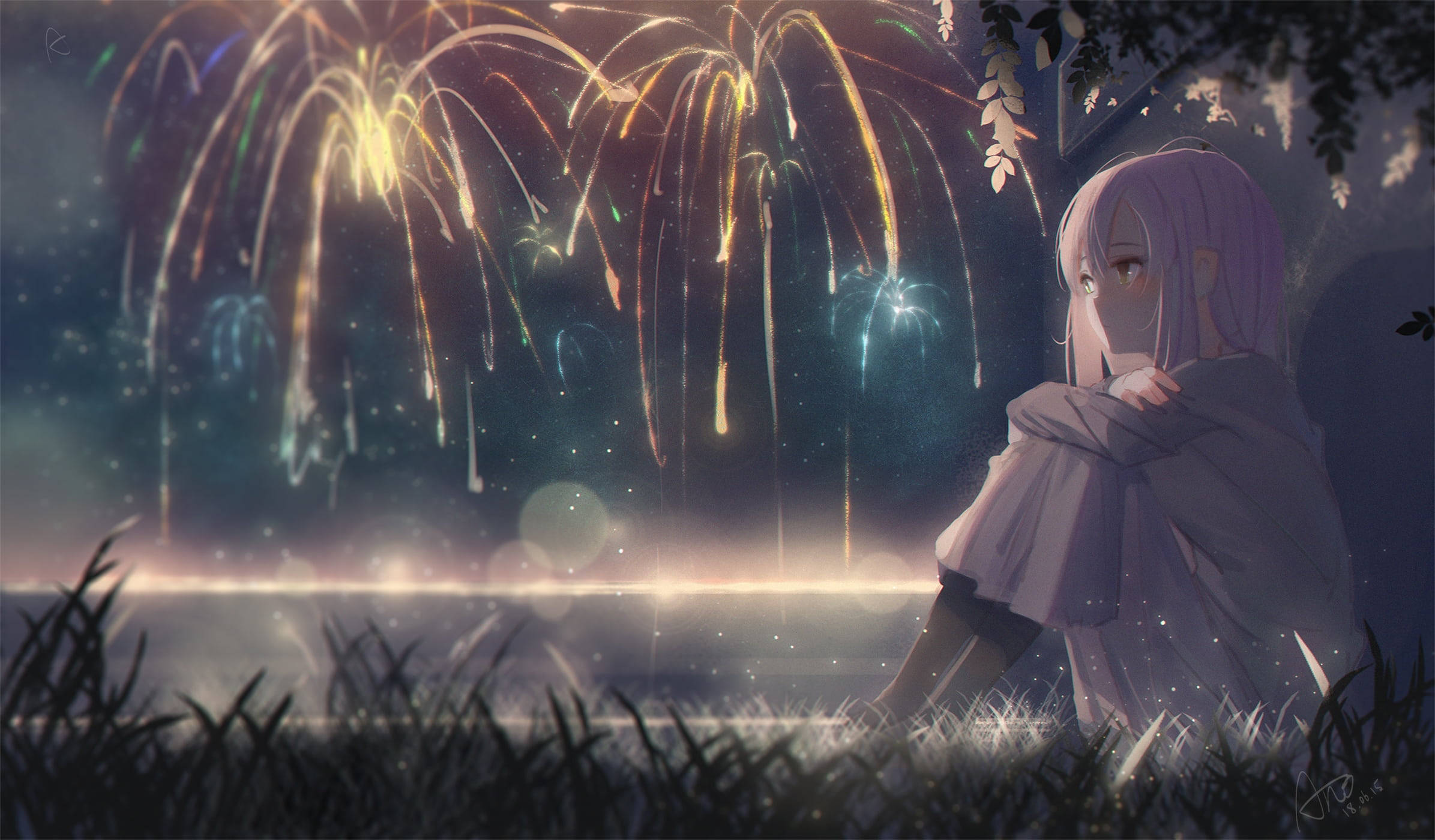 sad cartoon girl, fireworks, purple hair, Full HD Desktop Wallpaper