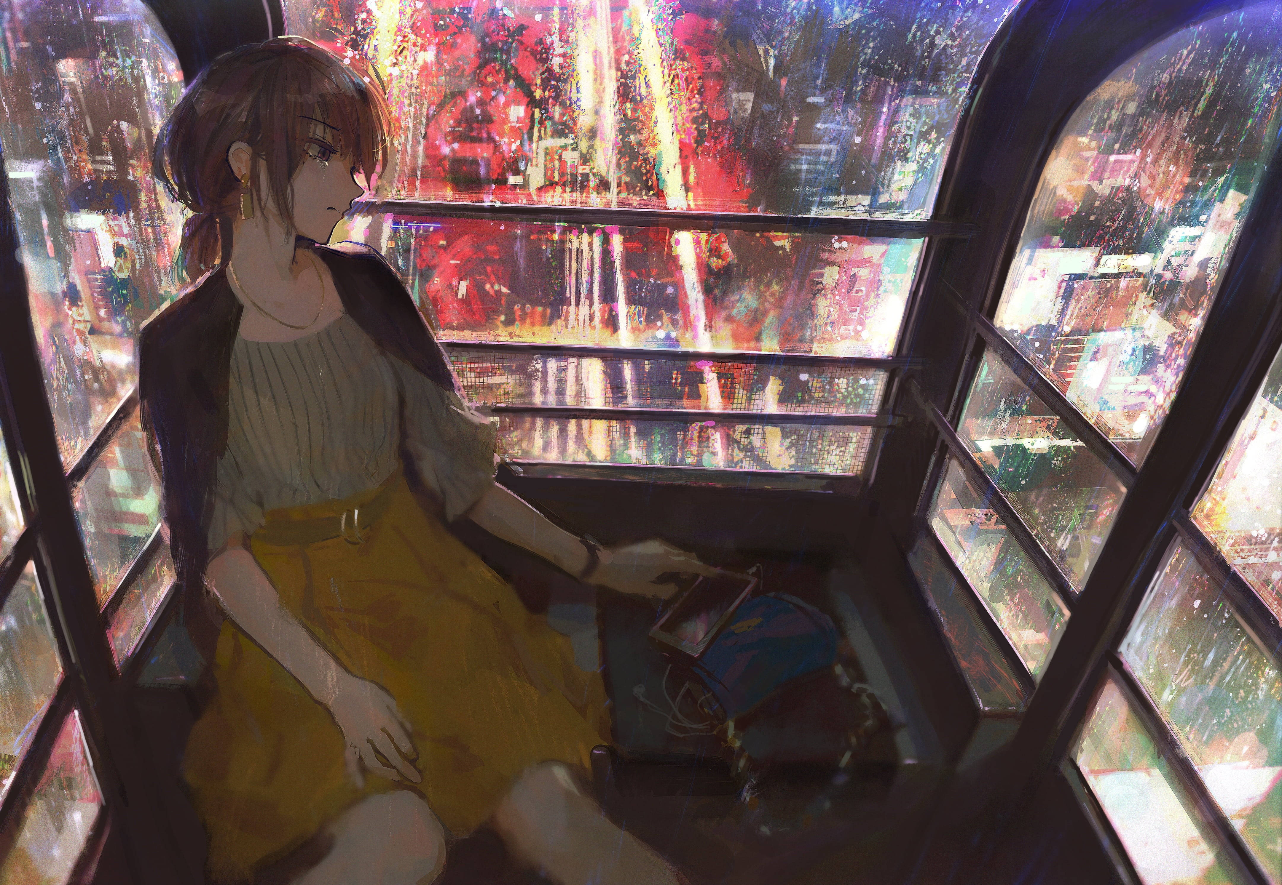 Ferris wheel, rain-splattered cable car, vibrant neon cityscape, 4K Desktop Wallpaper