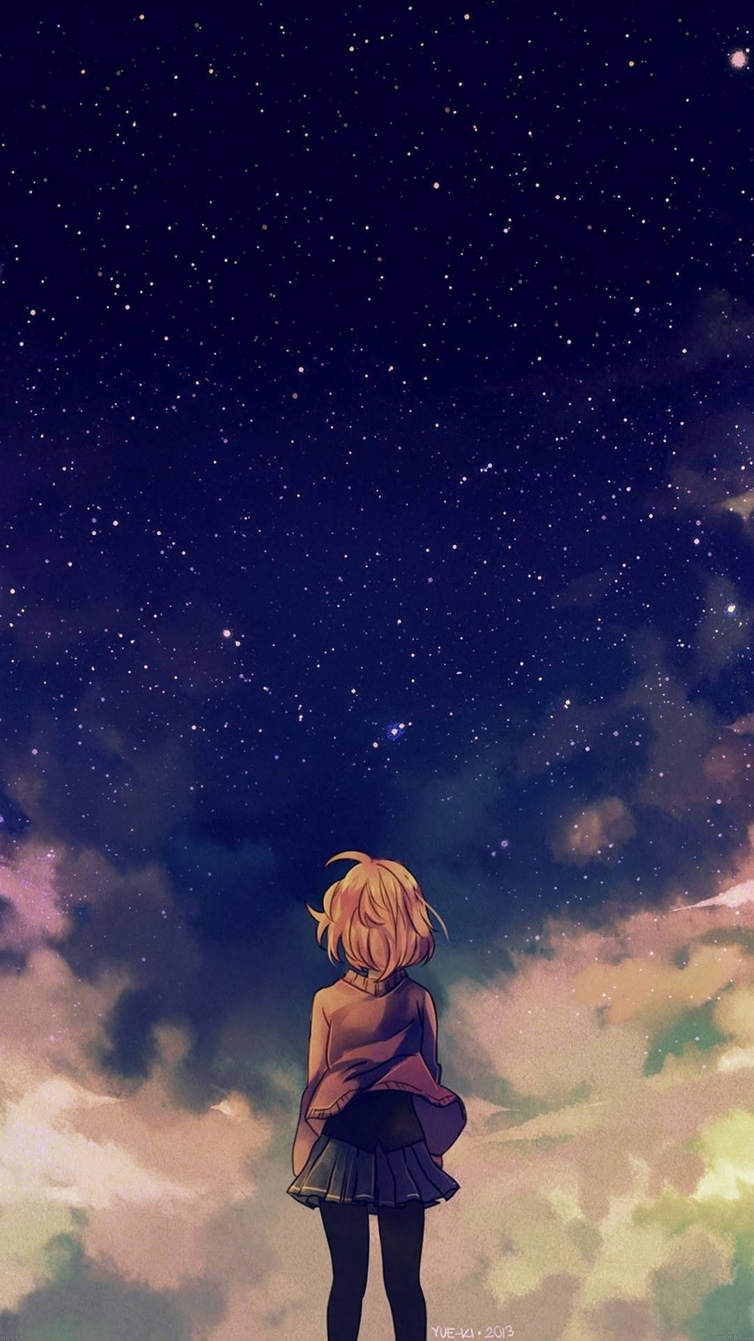 anime girl, blonde hair, starry night sky, Full HD Phone Wallpaper