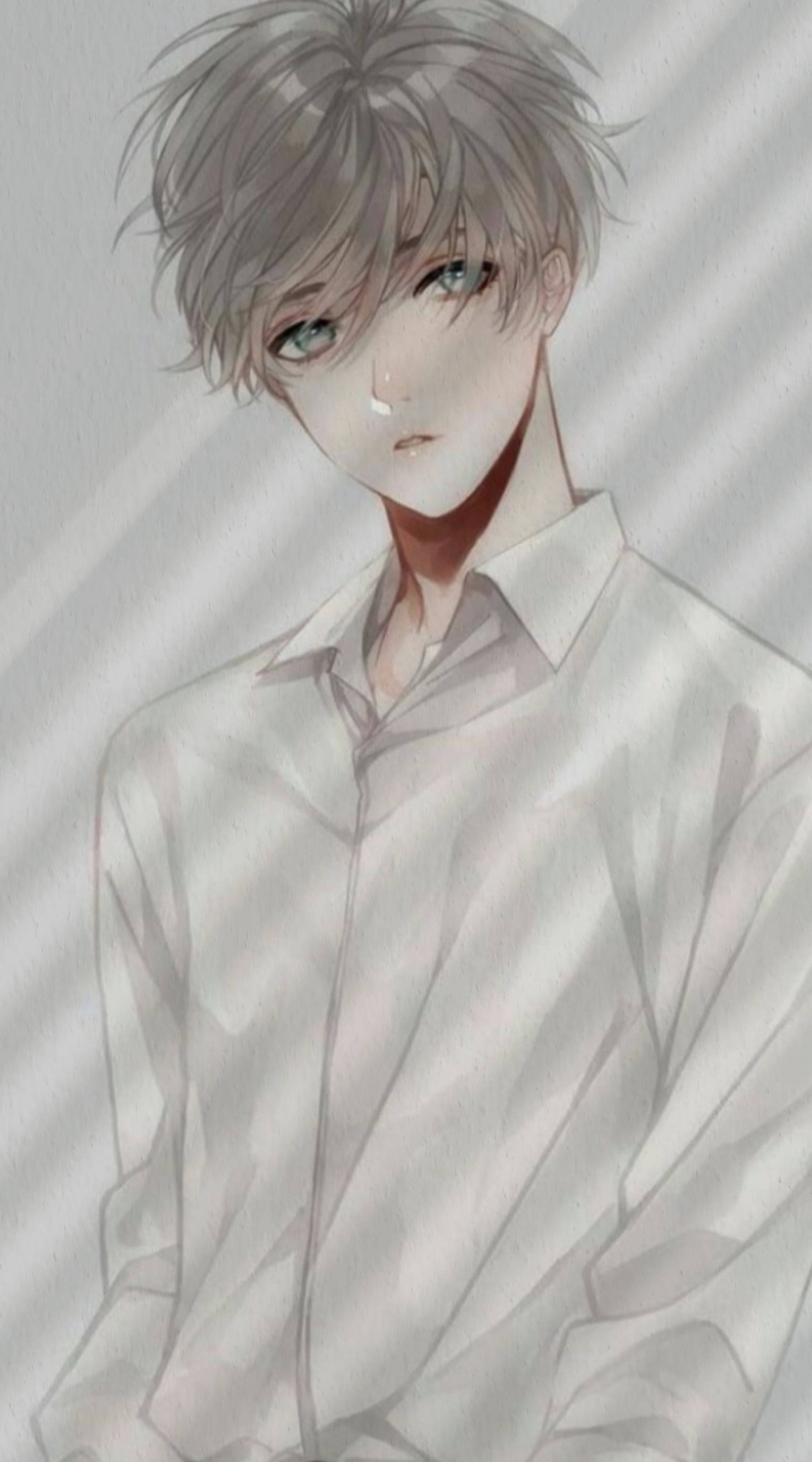 Sad Boy Cartoon, glum face expression, messy gray hair, 2K Phone Wallpaper