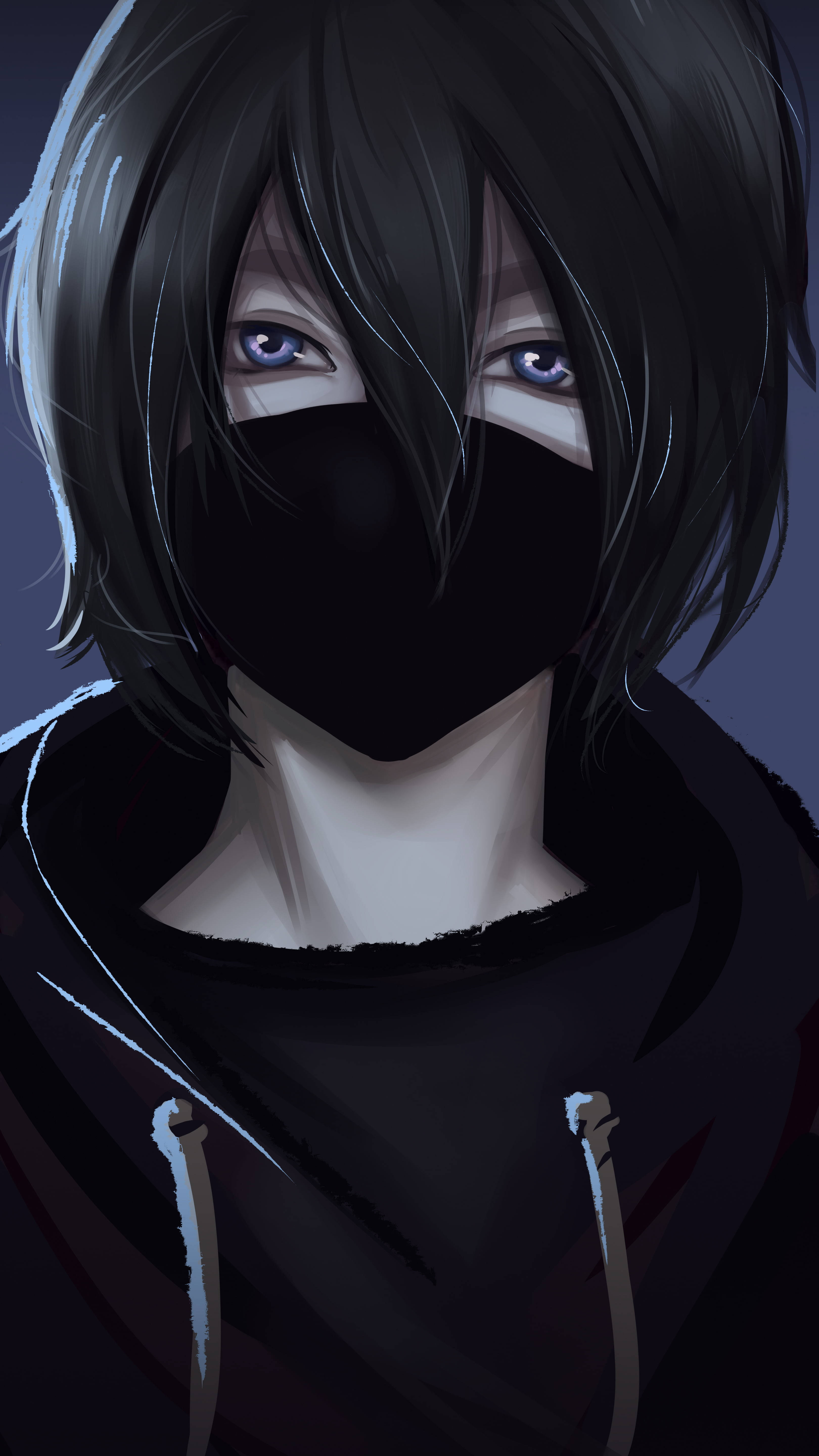 masked sad boy, dark hair, glowing purple eyes, 5K Phone Wallpaper