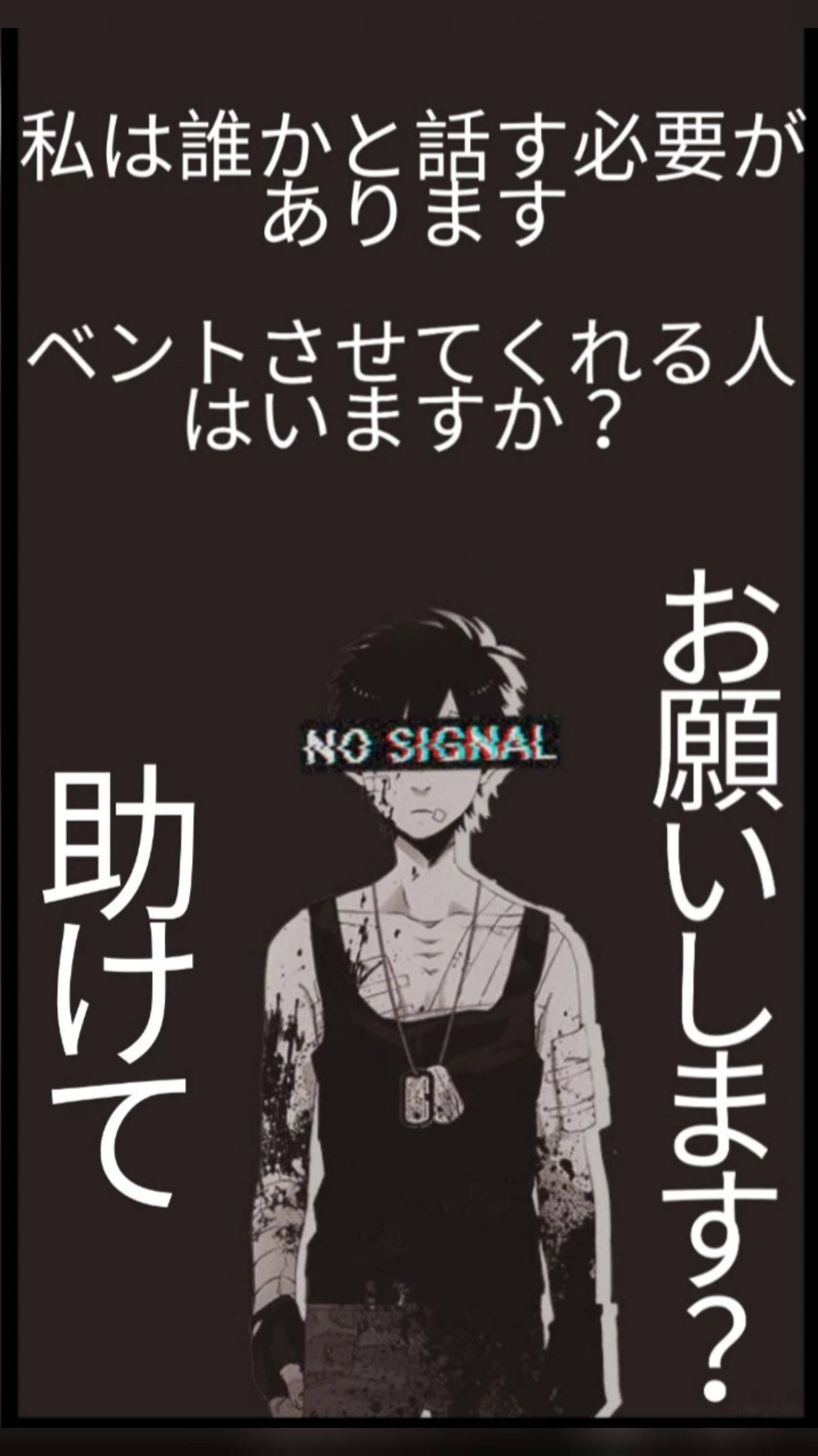 NO SIGNAL, Japanese text, distressed anime character, 2K Phone Wallpaper
