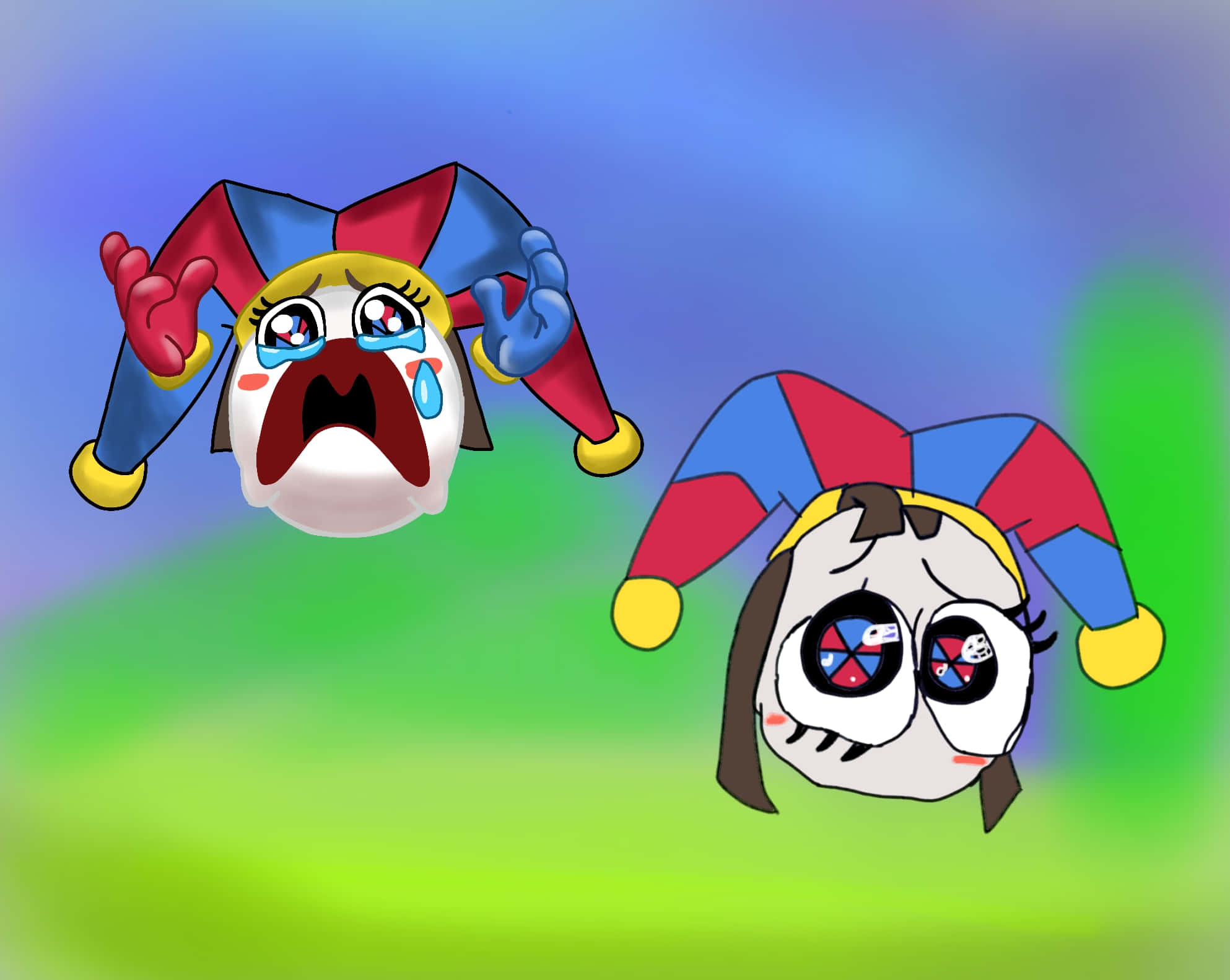crying jester, cartoon clowns, red blue hats, Full HD Desktop Wallpaper