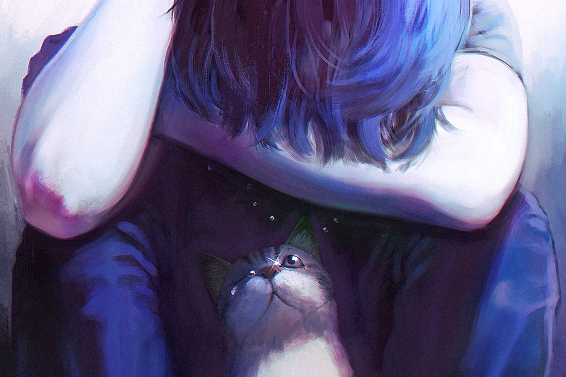 blue hair, small cat, soft purple and blue light, Full HD Desktop Wallpaper