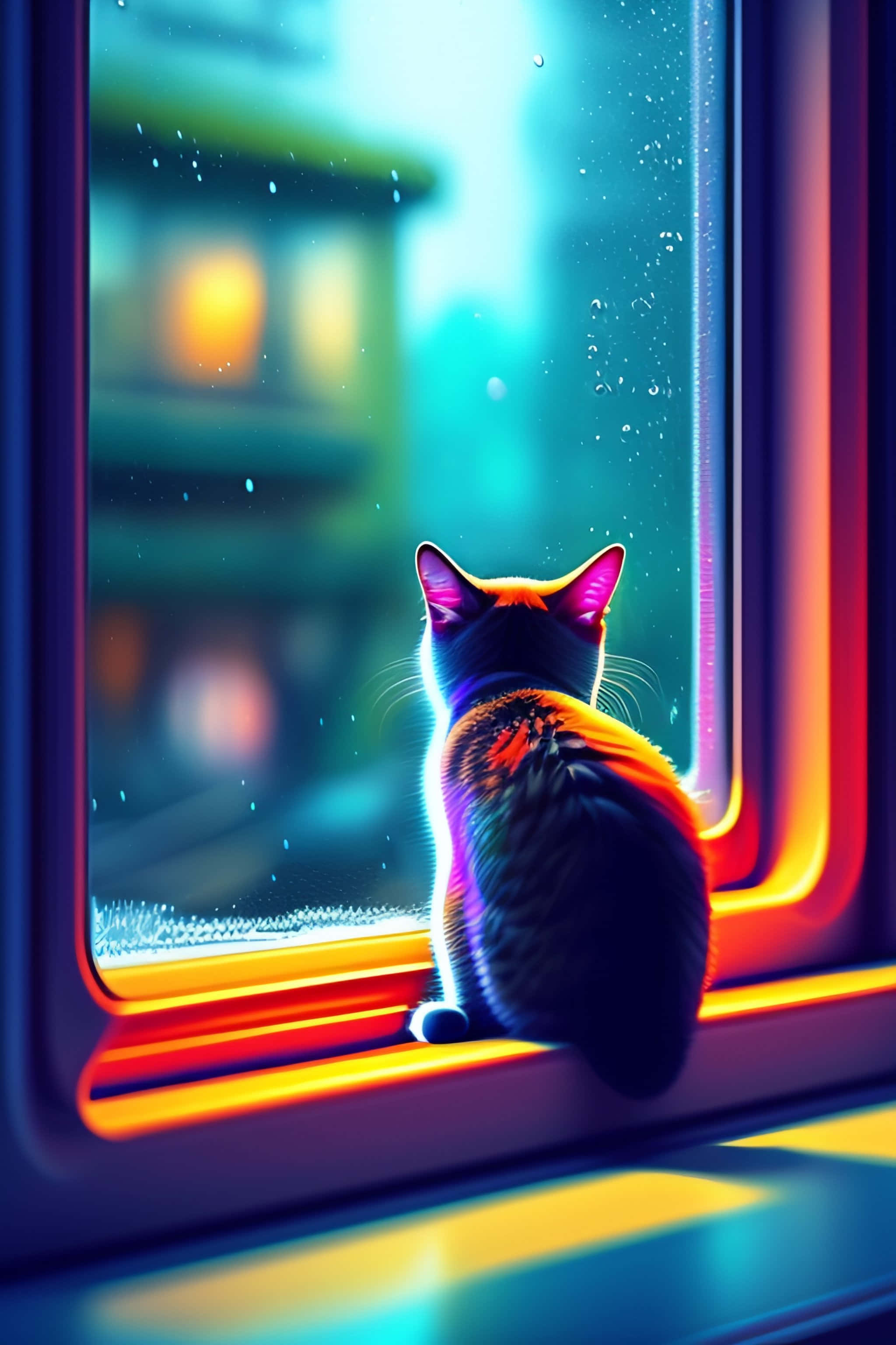rainy night, neon lights, glowing reflections, 2K Phone Wallpaper