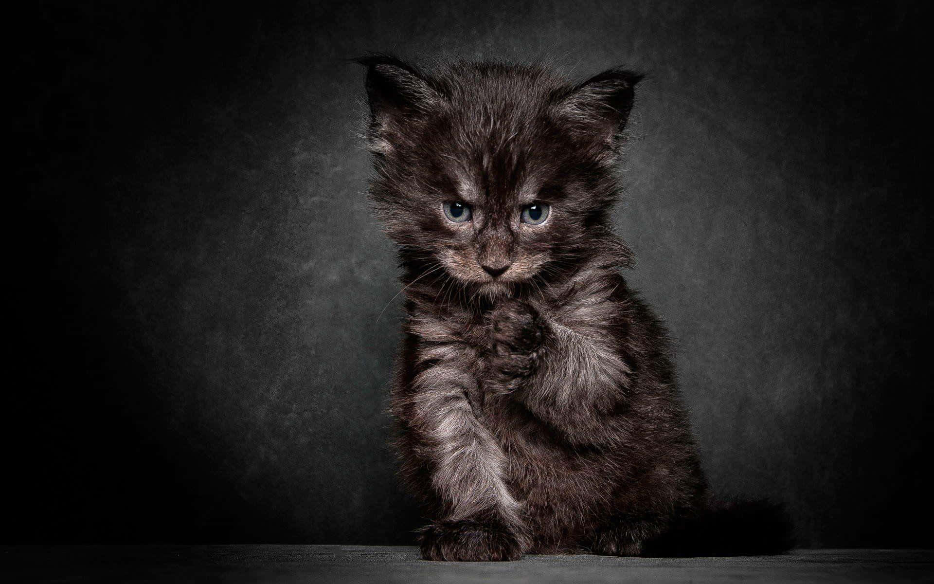 melancholic kitten, fluffy black kitten, striking blue eyes, Full HD Desktop Wallpaper