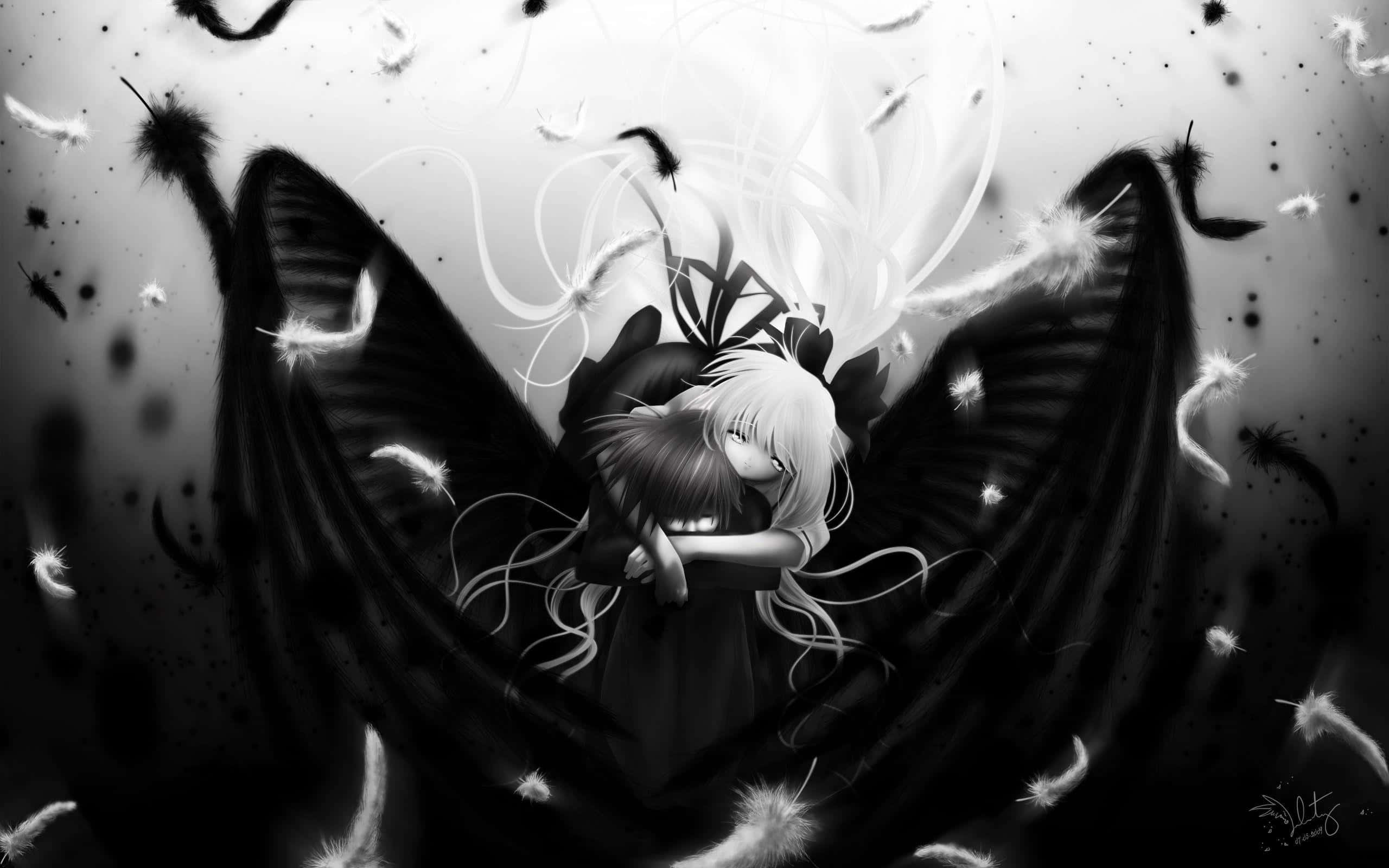 monochrome, anime girl, long white hair, 2K Desktop Wallpaper