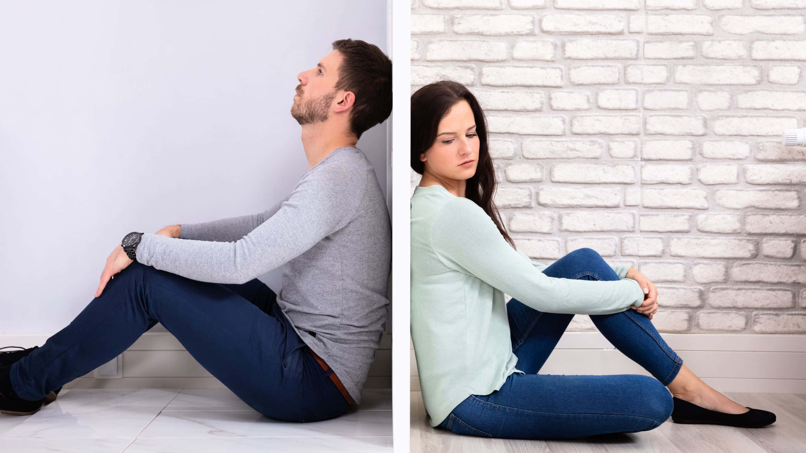 Sad Couple, tiled floor, contrasting walls, 2K Desktop Wallpaper