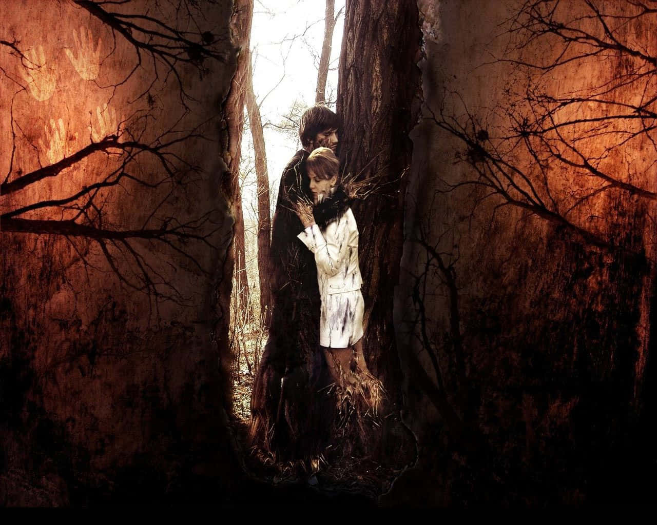 Sad Couple, spooky trees, narrow forest path, HD Desktop Wallpaper
