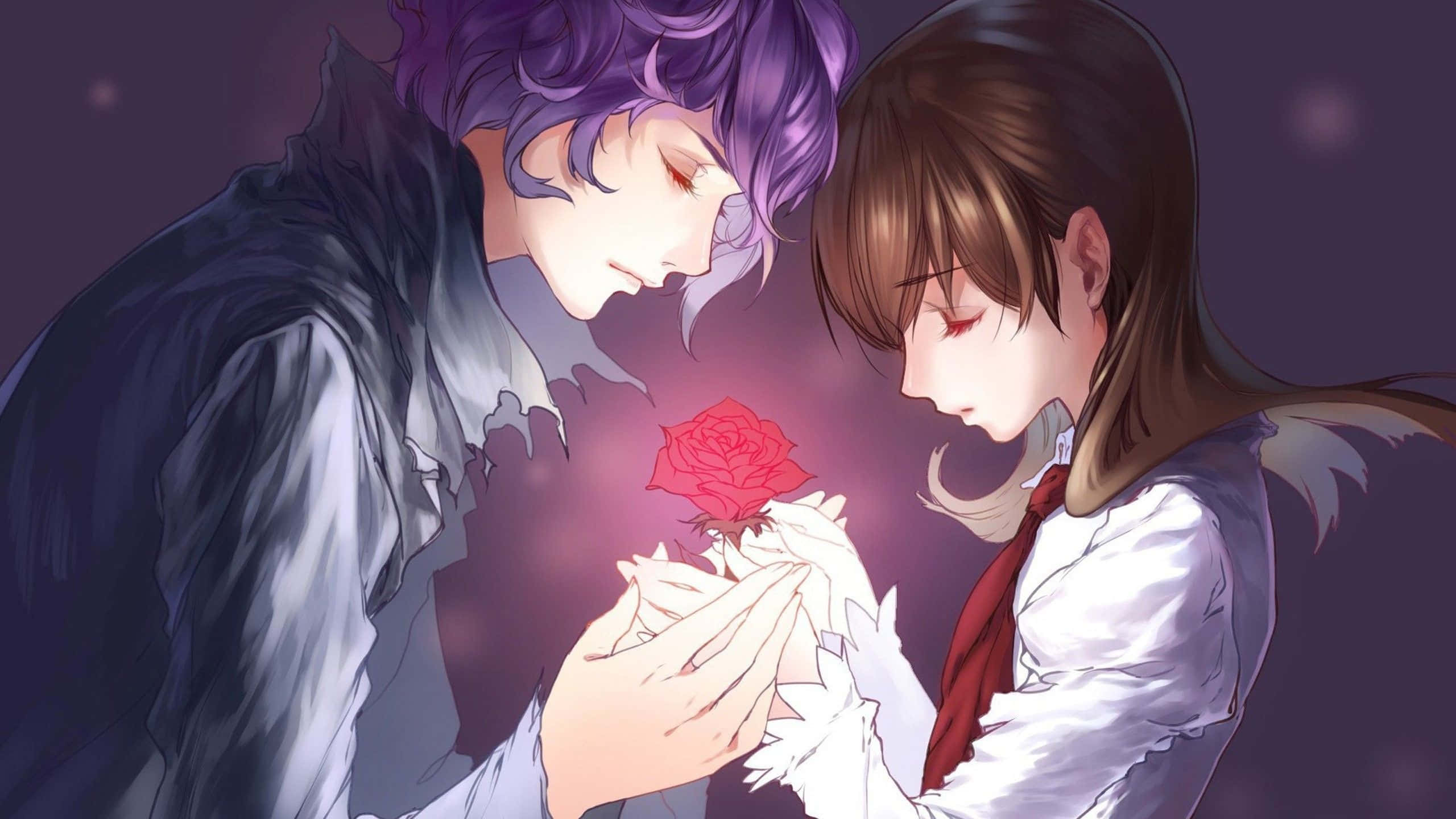 anime sad couple, glowing red rose, soft purple backdrop, 2K Desktop Wallpaper