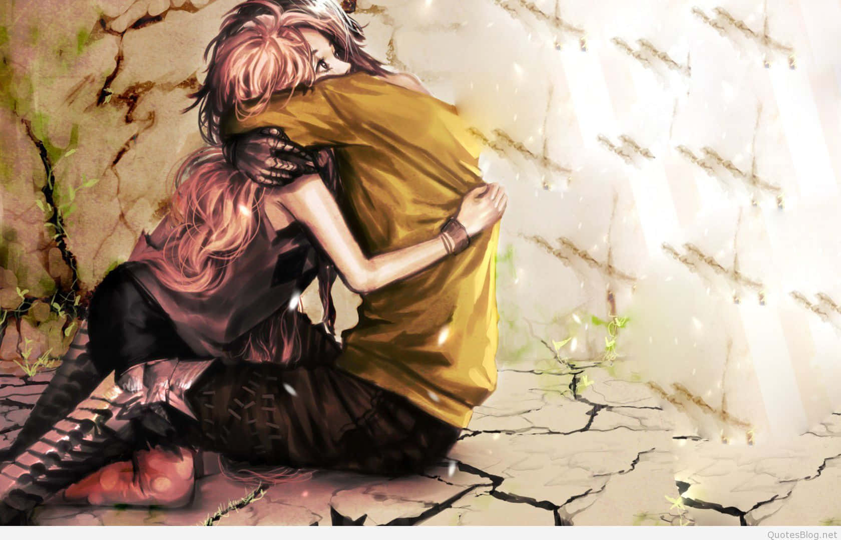 painted anime sad couple, cracked earth, glowing particles, HD Desktop Wallpaper