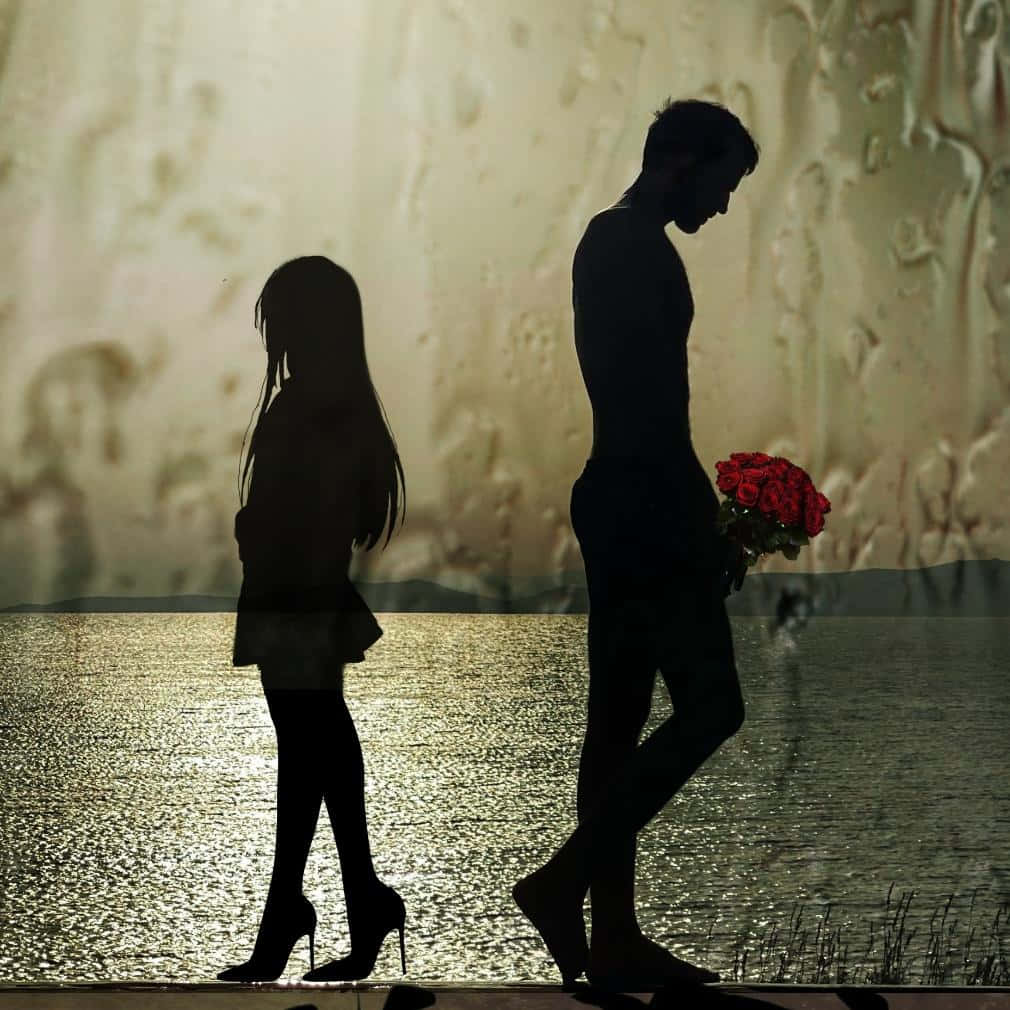 Sad Couple, anime silhouette, red roses, SD Desktop Wallpaper
