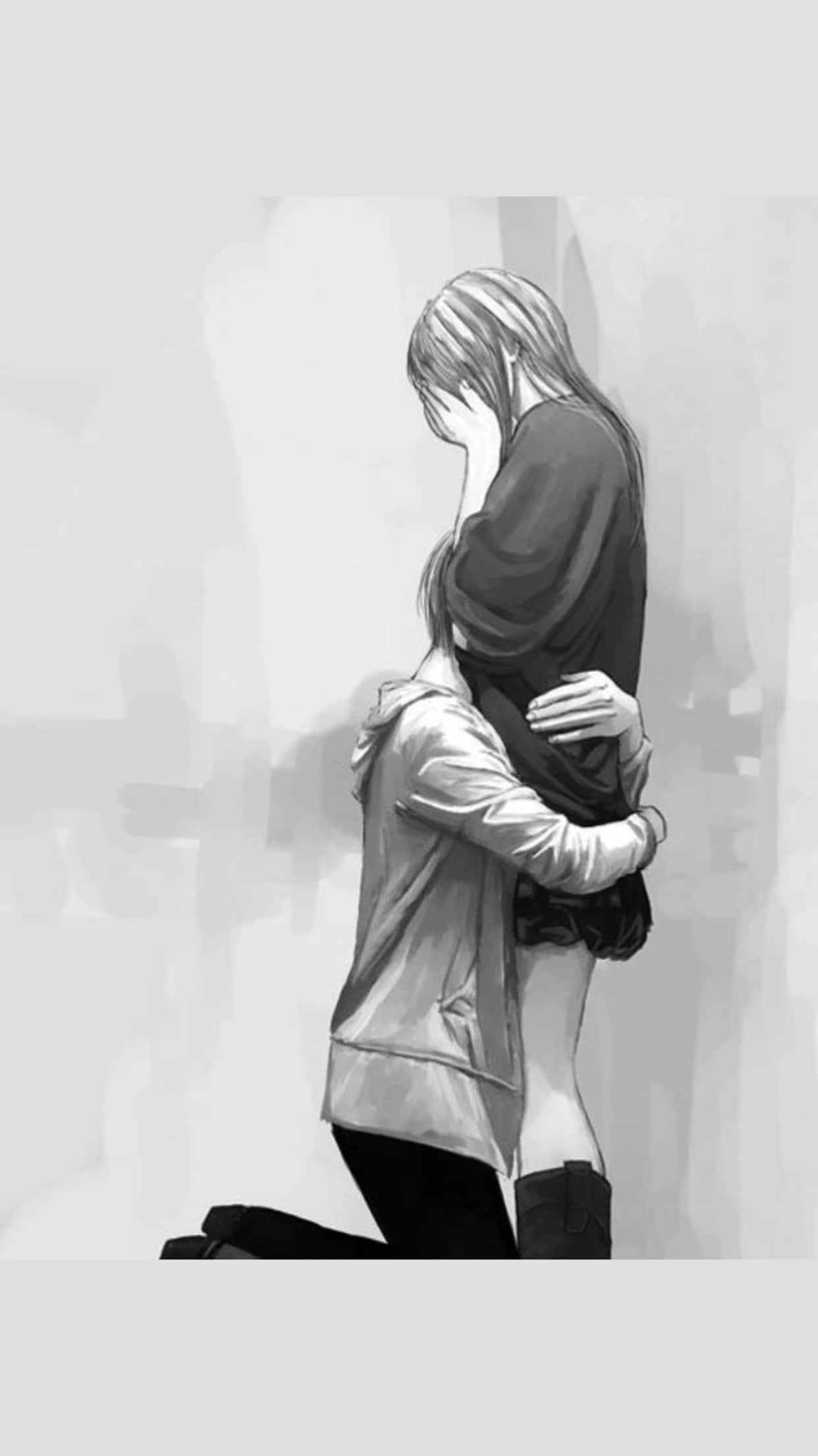 Sad Couple, anime-style, black and white, Full HD Phone Wallpaper