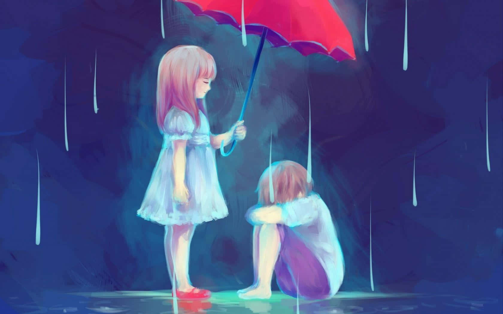 white dress, red umbrella, crouching child, HD Desktop Wallpaper