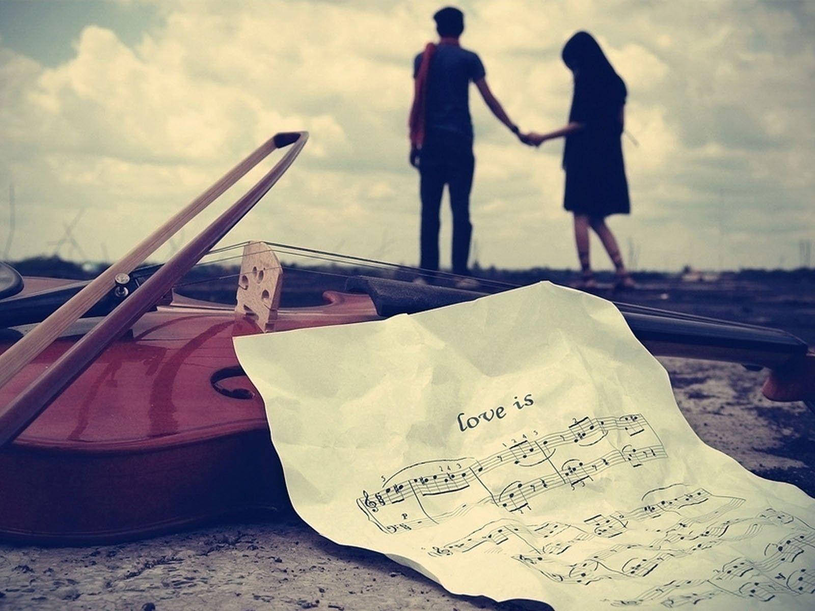 violin, sheet music, cloudy sky, HD Desktop Wallpaper