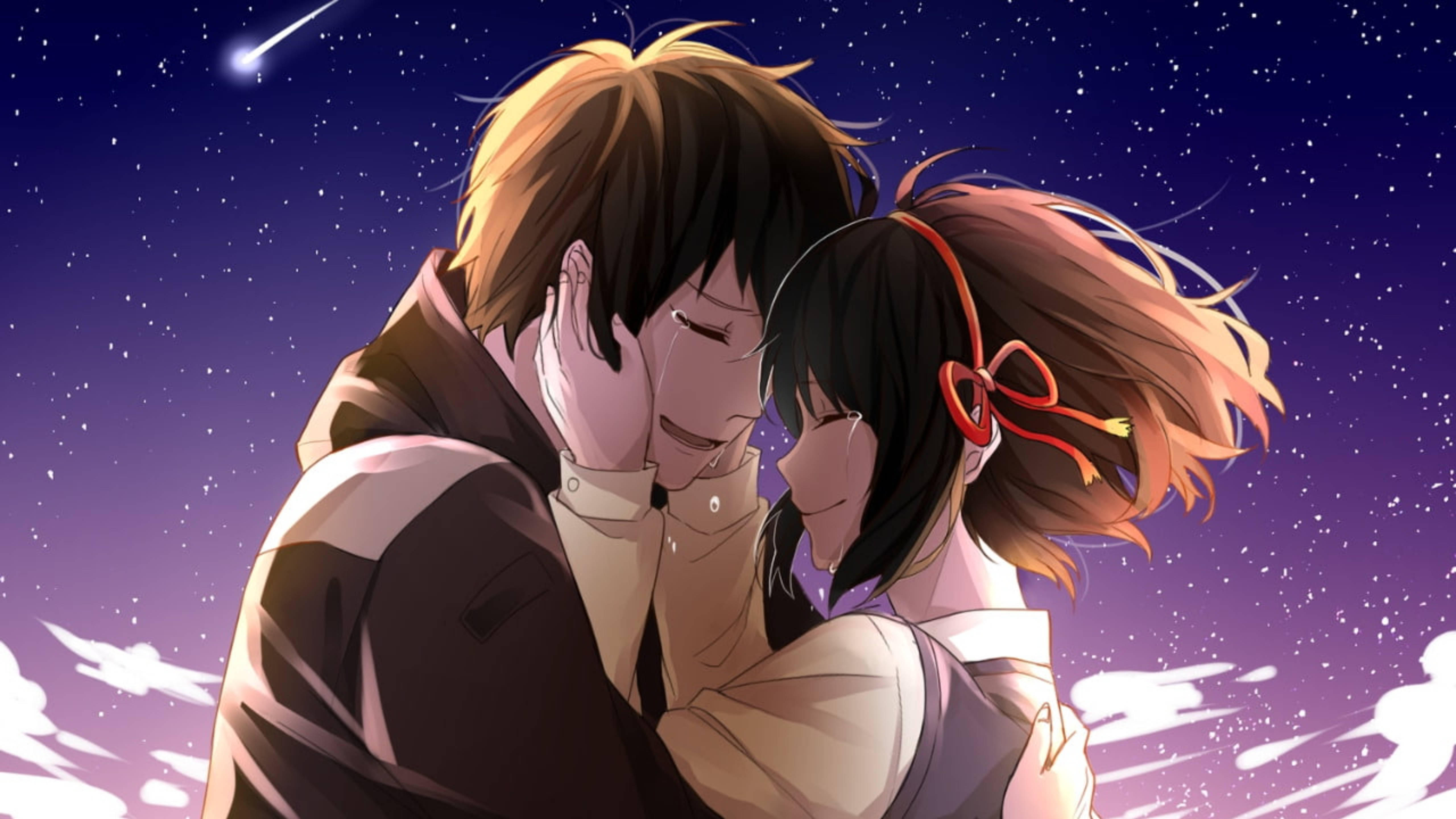 anime couple, starry night sky, shooting star, 5K Desktop Wallpaper