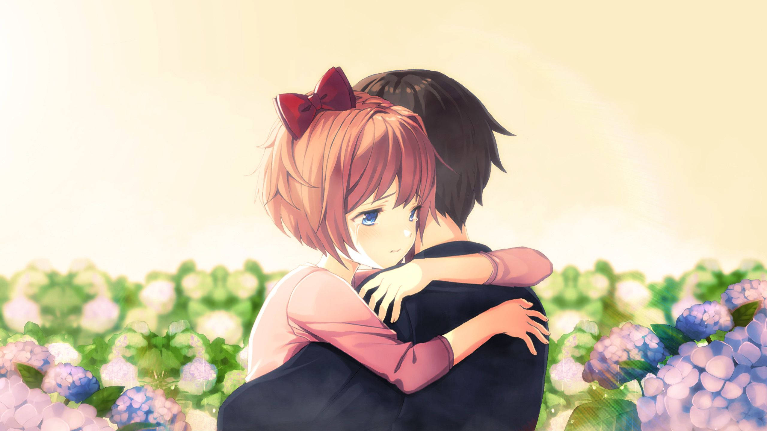 anime couple, hydrangeas, sunlit field, 2K Desktop Wallpaper