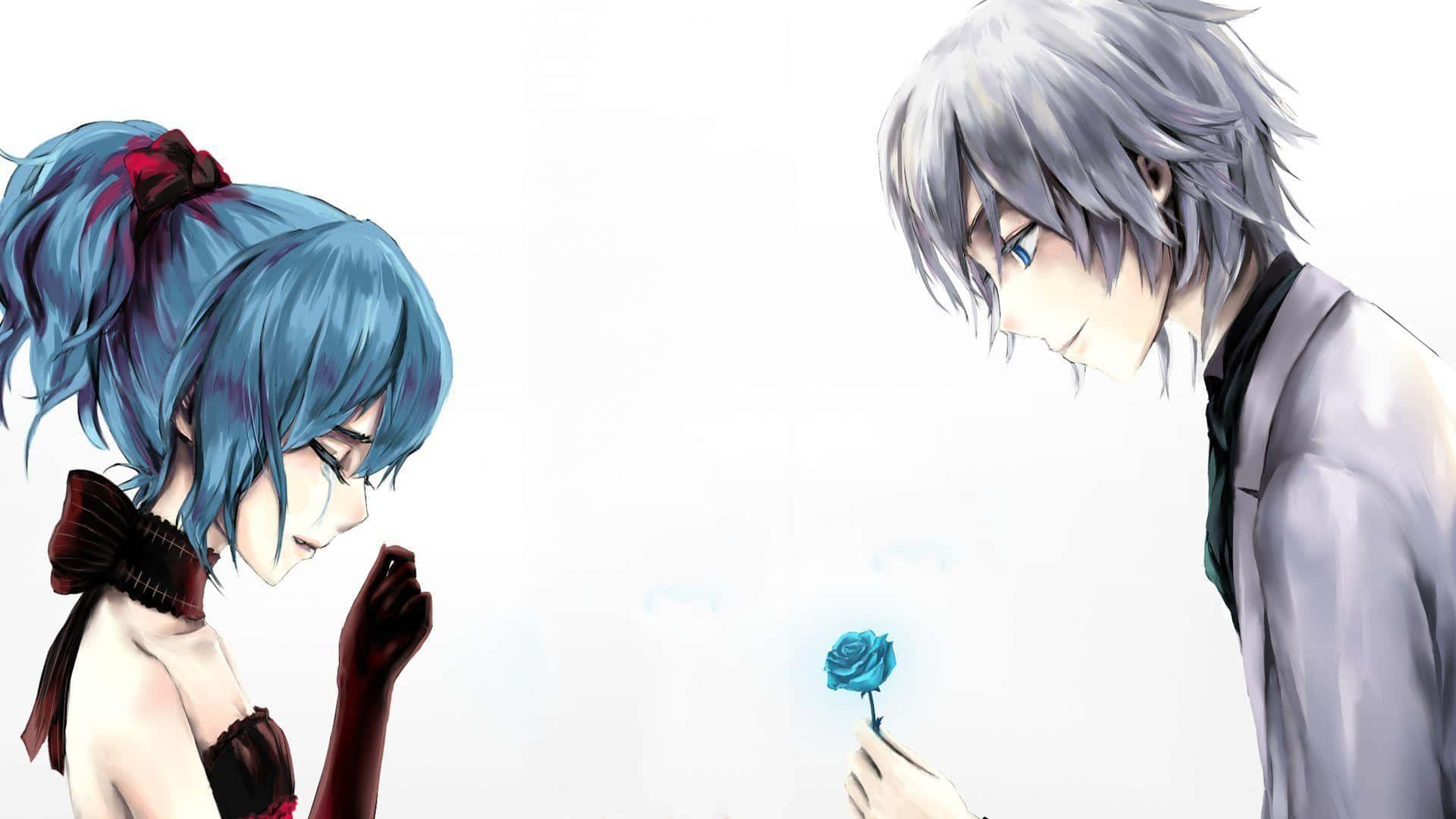 anime sad couple, blue rose, silver-haired anime boy, Full HD Desktop Wallpaper