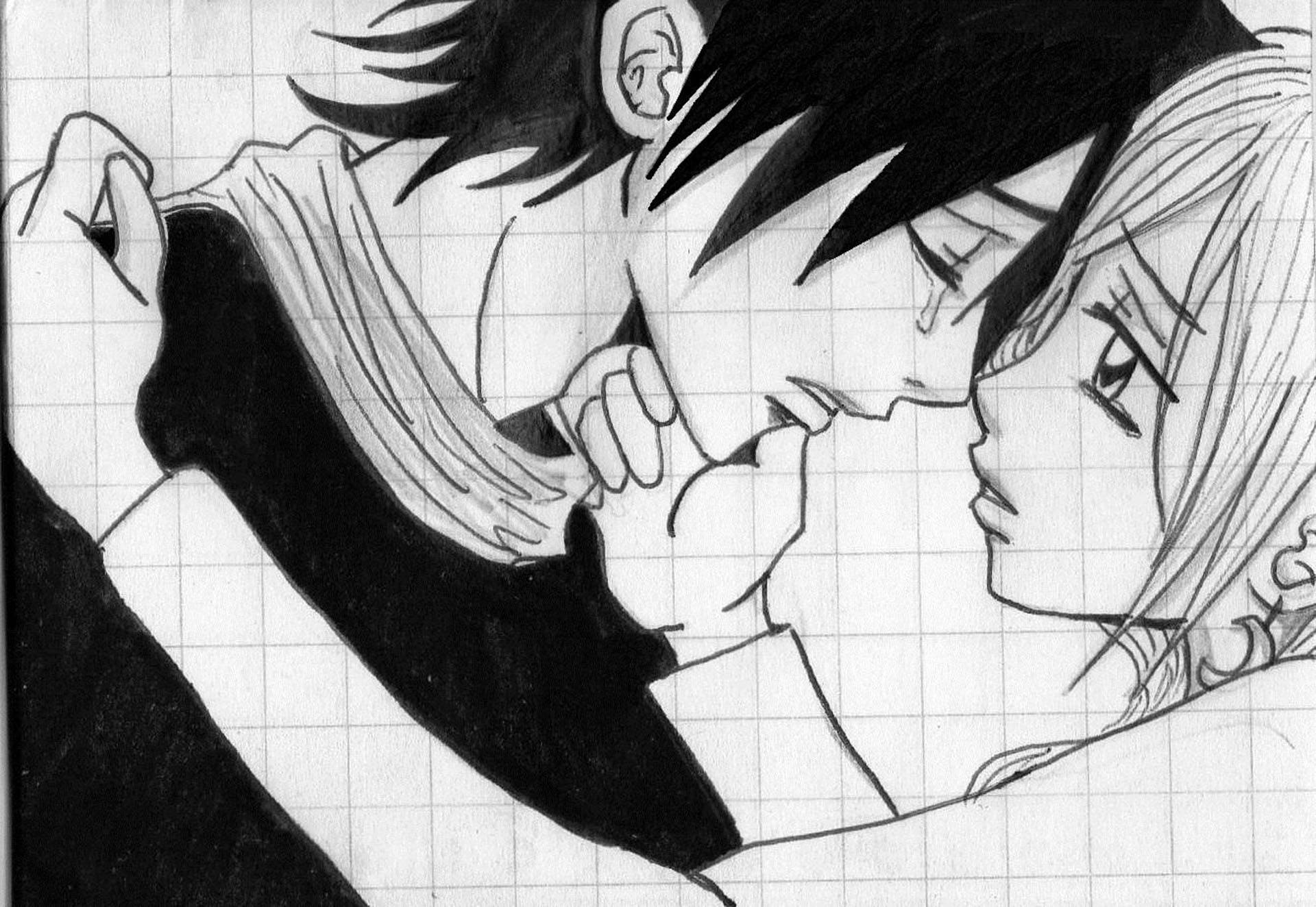 anime couple, black and white, graph paper, Full HD Desktop Wallpaper