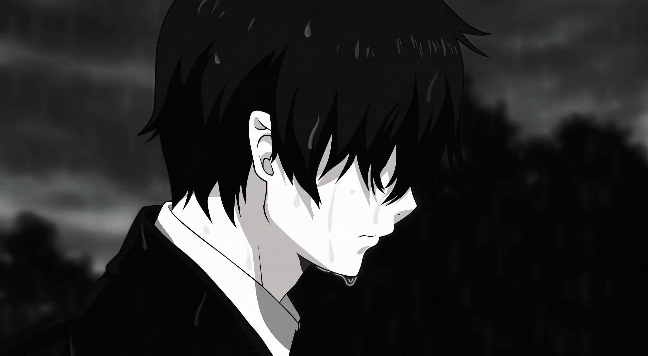 sad dark, anime boy, spiky black hair, Full HD Desktop Wallpaper