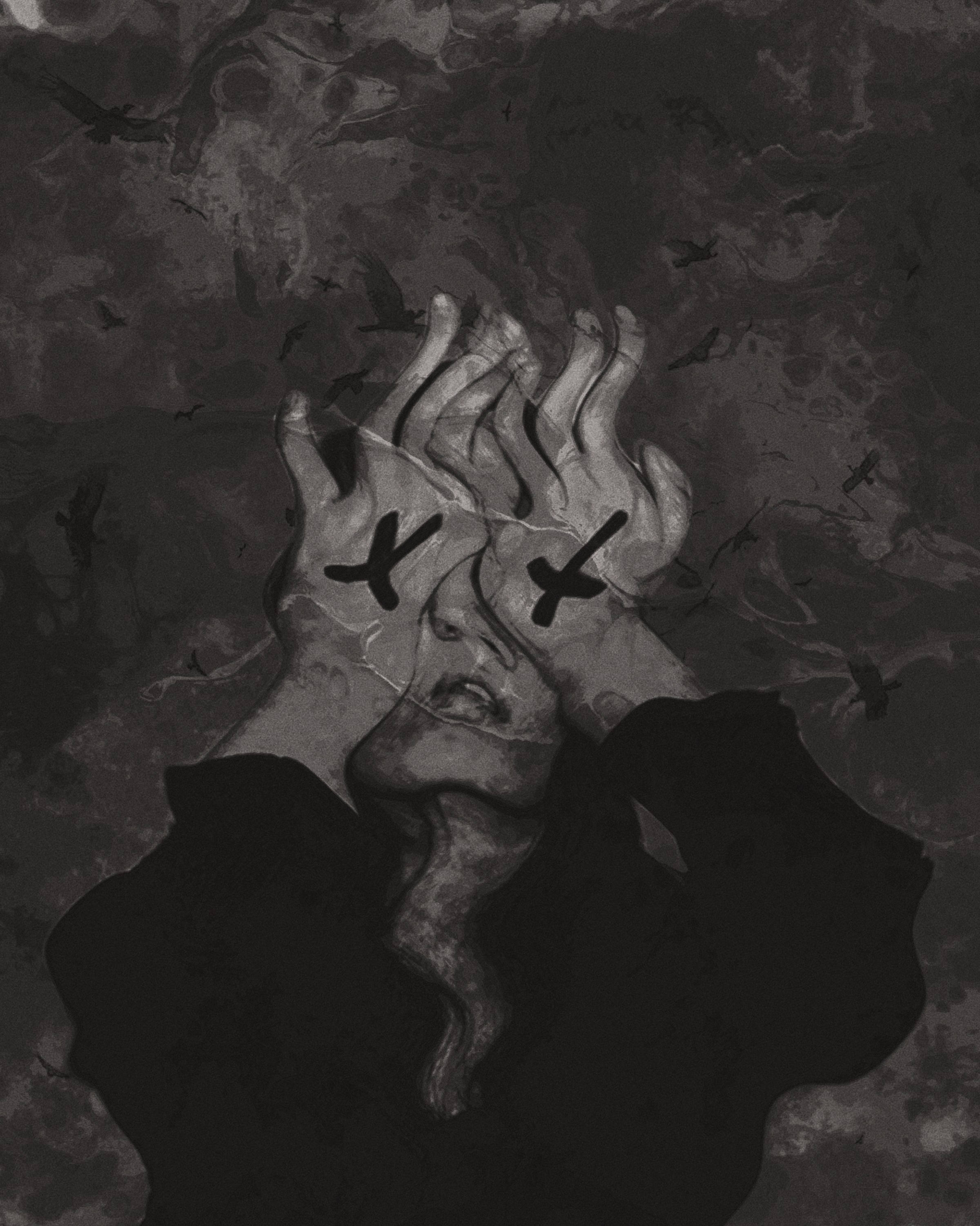 monochrome illustration, figure with 3D eyes, hands covering face, 2K Phone Wallpaper