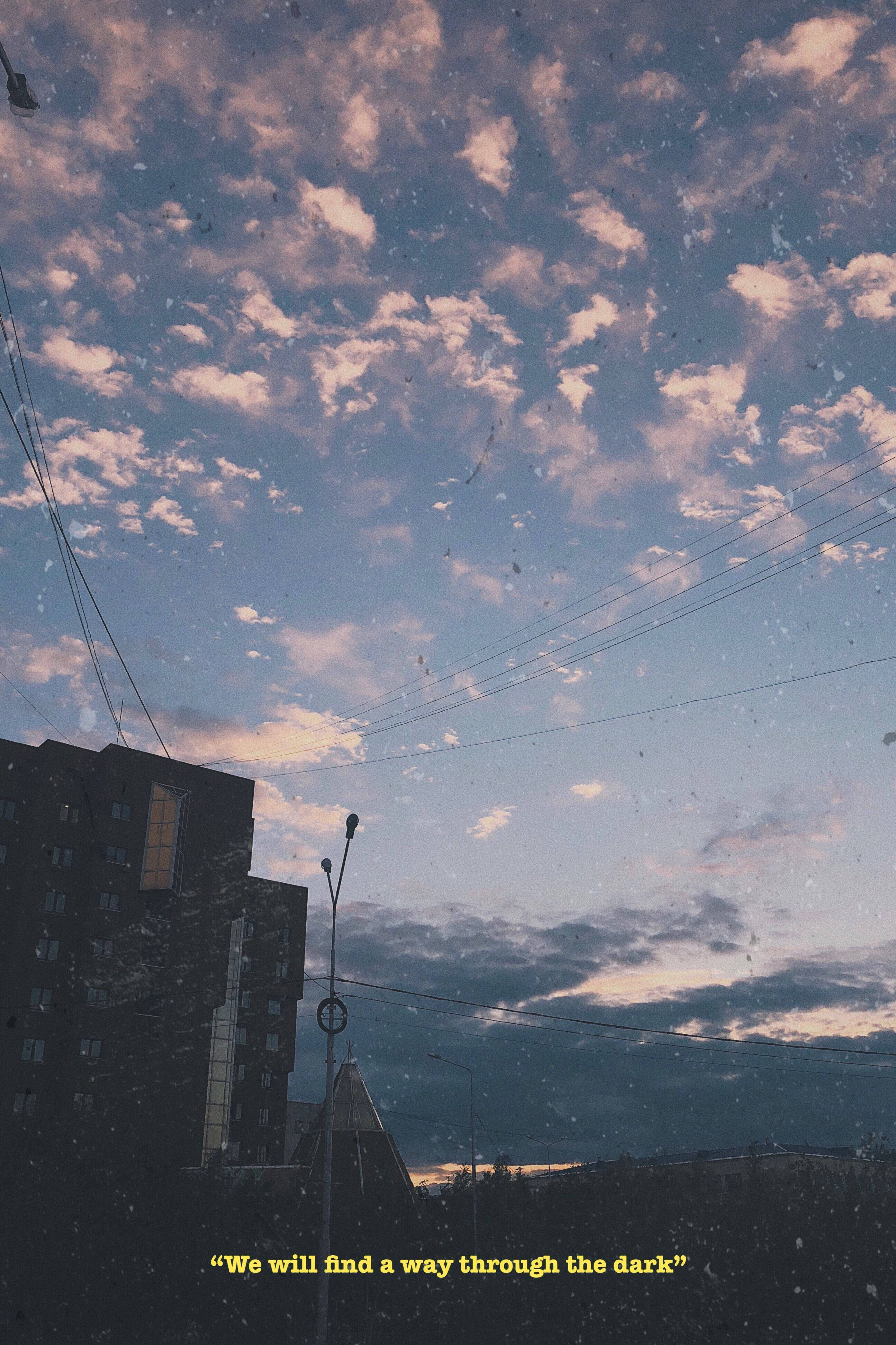 dusk, pink and blue clouds, dark buildings, 4K Phone Wallpaper