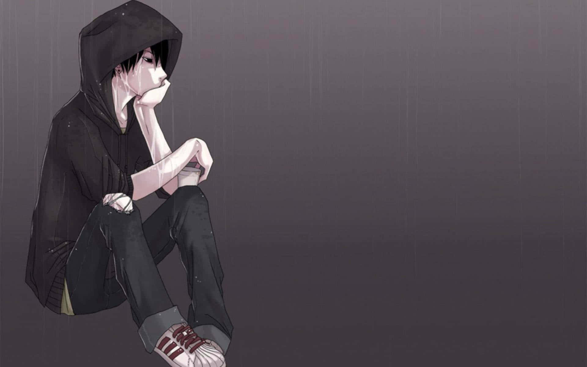 anime teen, black hoodie, gray rain, Full HD Desktop Wallpaper