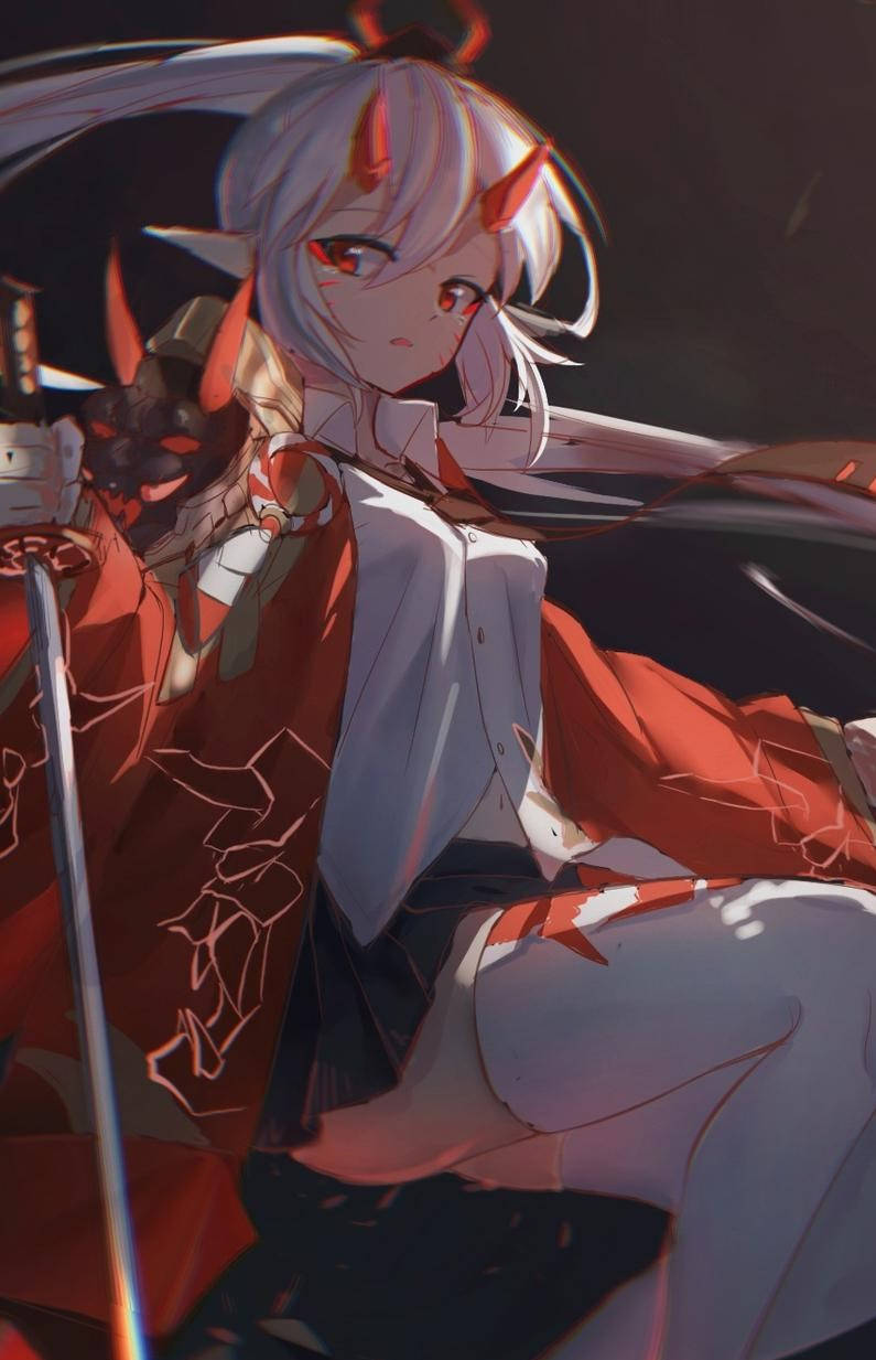 orange sad demon girl, silver-haired anime girl, red horns, SD Phone Wallpaper