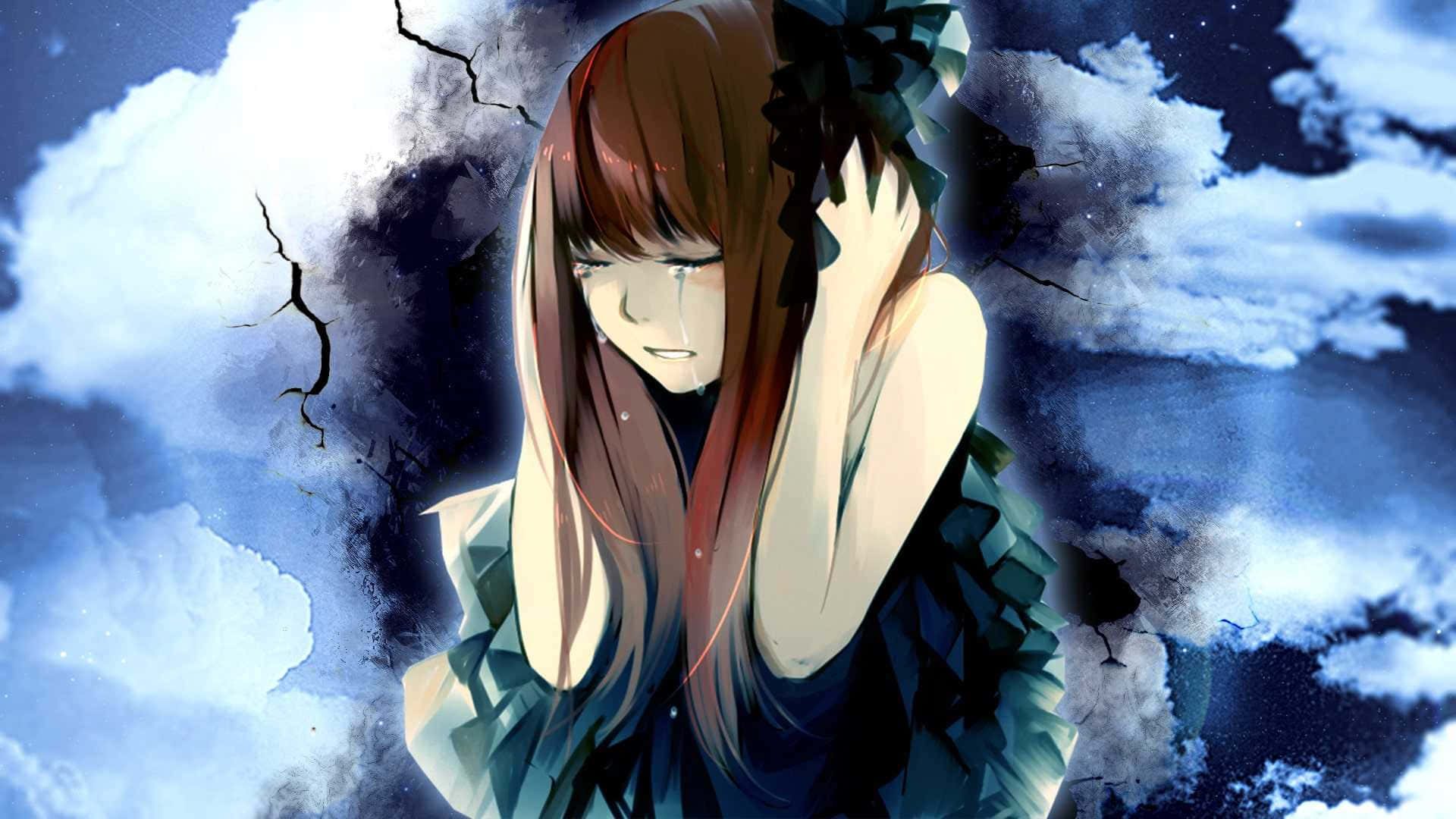 anime girl, long brown hair, cracked stormy sky, Full HD Desktop Wallpaper